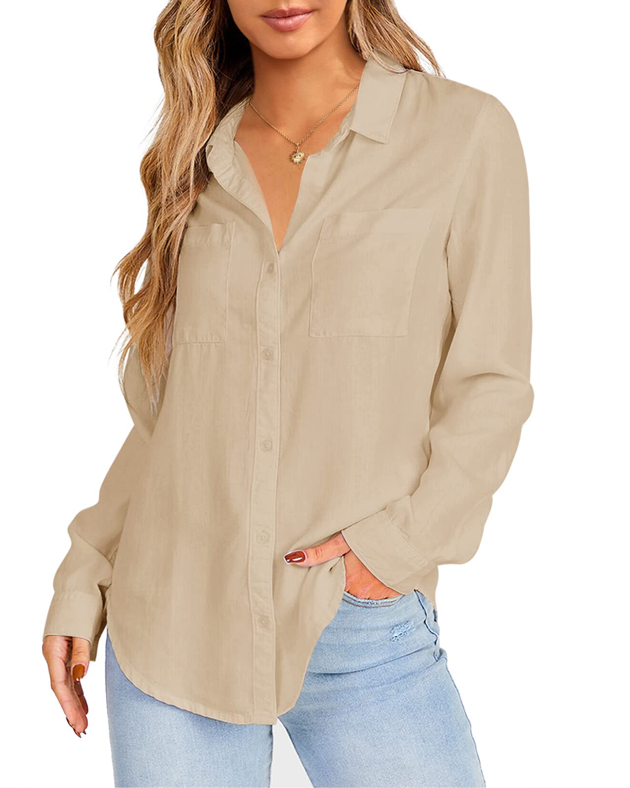 Nulibenna Women's 100% Cotton Long Sleeve Button Down Shirt - V Neck Casual Blouse with Pocket for Office, Business & Summer Wear | Professional Work Tops & Everyday Comfort