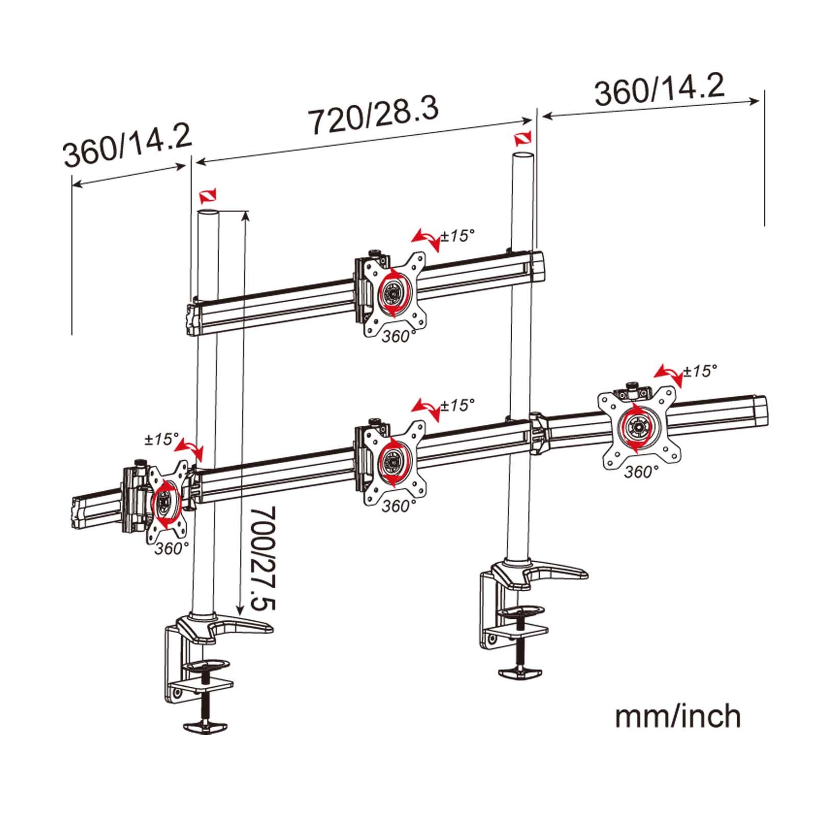 HFTEK MP234C-N Quad Monitor Stand - Adjustable 4 Screen Desk Mount Bracket for 15 to 27 Inch Monitors with VESA 75/100 - Perfect for Multi-Tasking, Trading, Gaming & Office Workstations