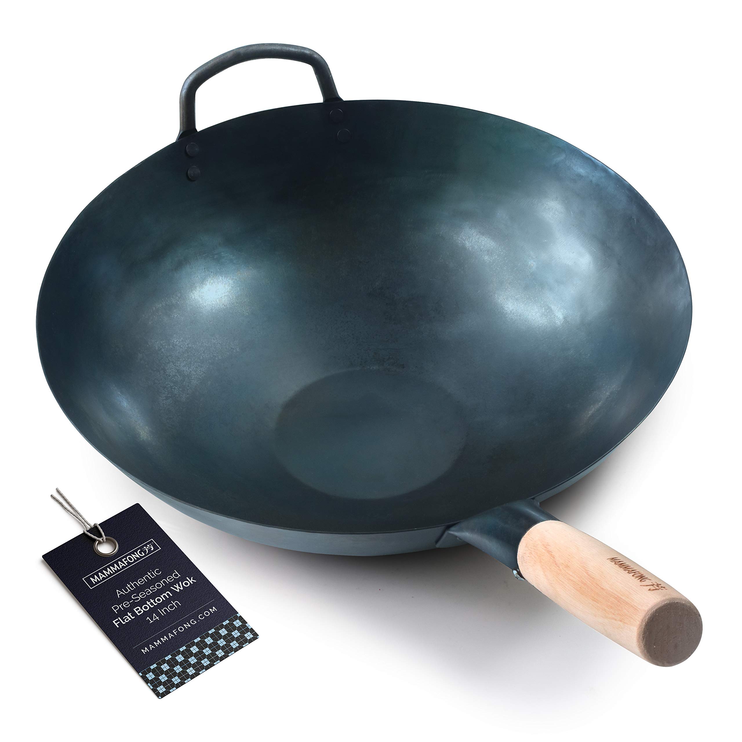 14 Inch Mammafong Pre-Seasoned Blue Carbon Steel Wok - Traditional Hand-Hammered Flat Bottom Stir Fry Pan for Chinese Cooking | Perfect for Searing, Stir-Frying & Deep Frying in Home Kitchens