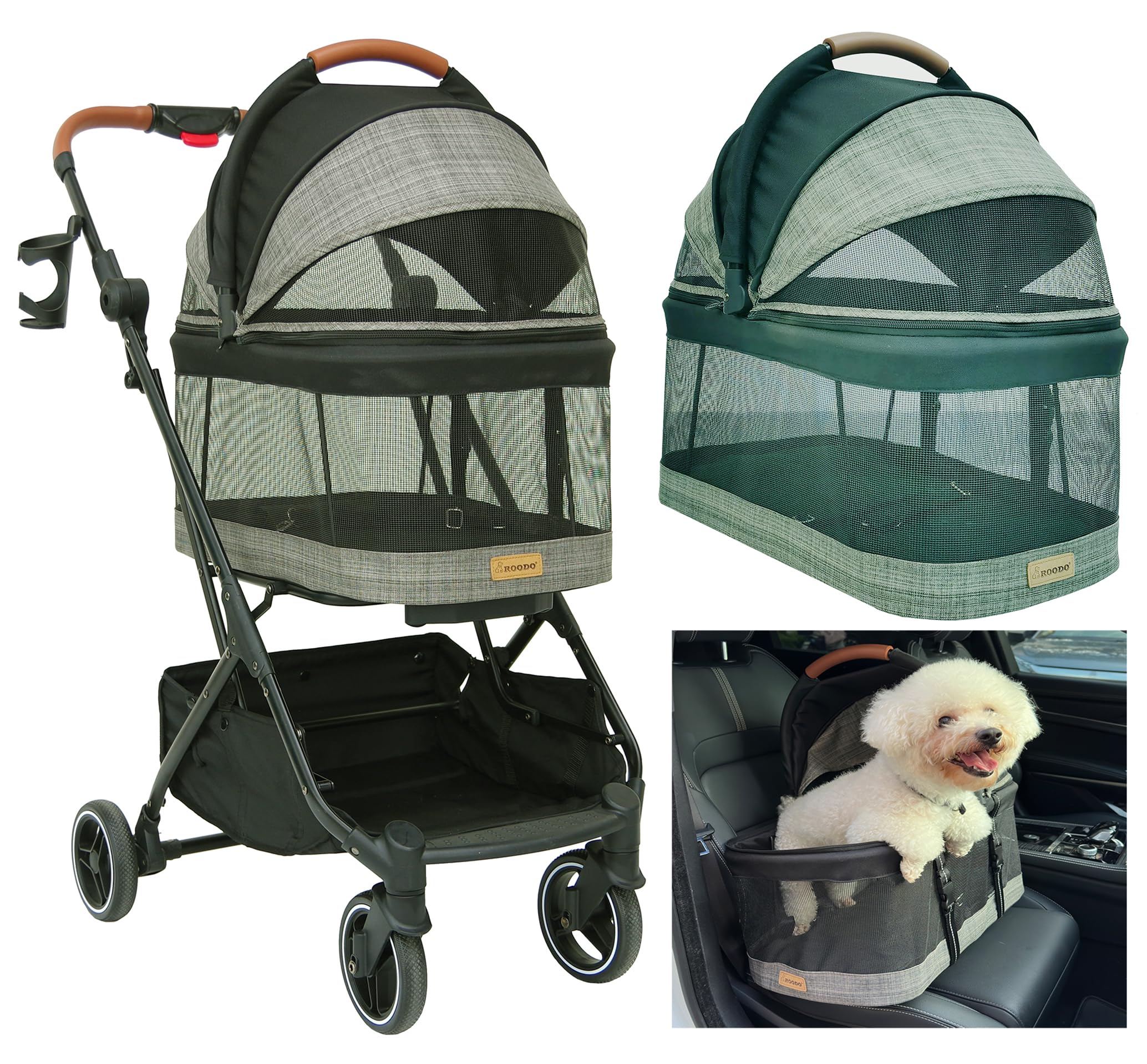 ROODO 3-in-1 Pet Stroller for Dogs & Cats up to 30 lbs - Lightweight Folding Travel Carrier with Detachable Car Seat - All-Terrain Puppy Stroller in Grey Lattice | Perfect for Vet Visits, Shopping Trips & Outdoor Adventures
