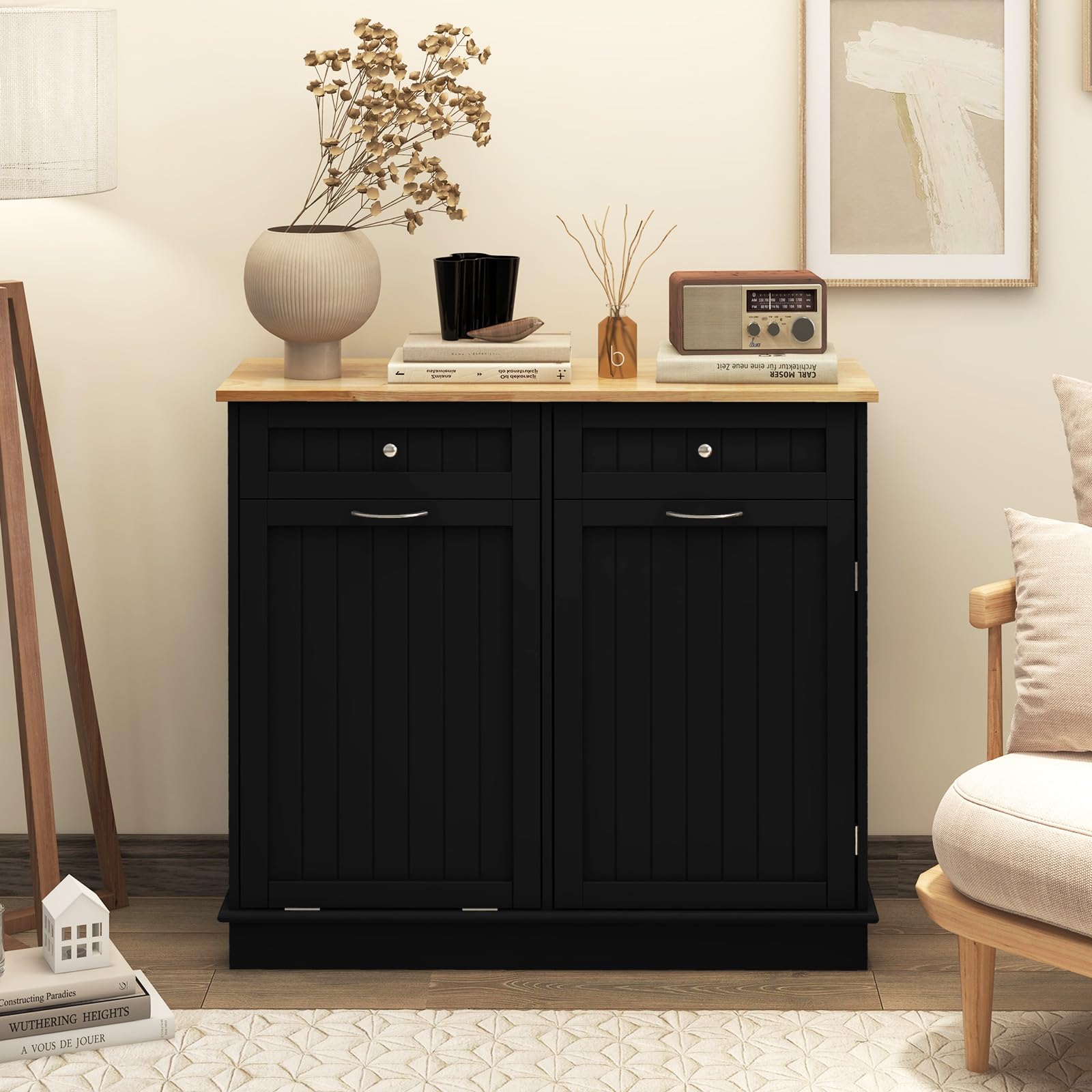 Freestanding Tilt-Out Trash Cabinet with 2 Drawers & Adjustable Shelf - Rubber Wood Countertop Kitchen Island Organizer, Laundry Hamper & Pet-Proof Recycle Bin Holder (Black) - Perfect for Small Kitchens, Laundry Rooms & Pet-Friendly Homes