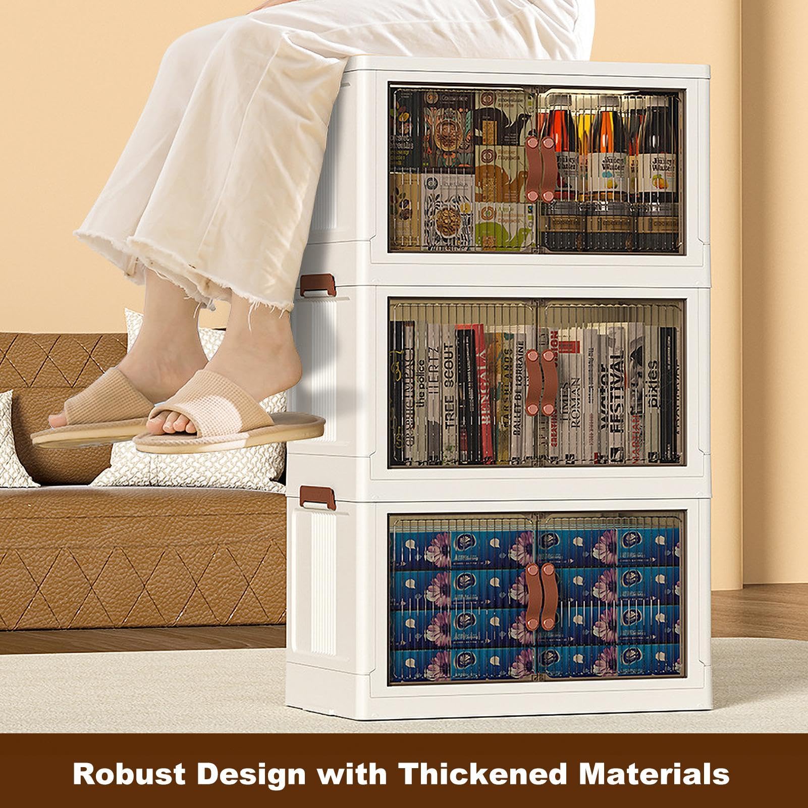 Stackable Storage Bins with Lids, Wheels & Doors - 4-Tier Foldable Storage Cabinet, Large Capacity Organizer for Home, Apartment, Dorm - Perfect for Closet, Pantry & Garage Organization (136cm Length)