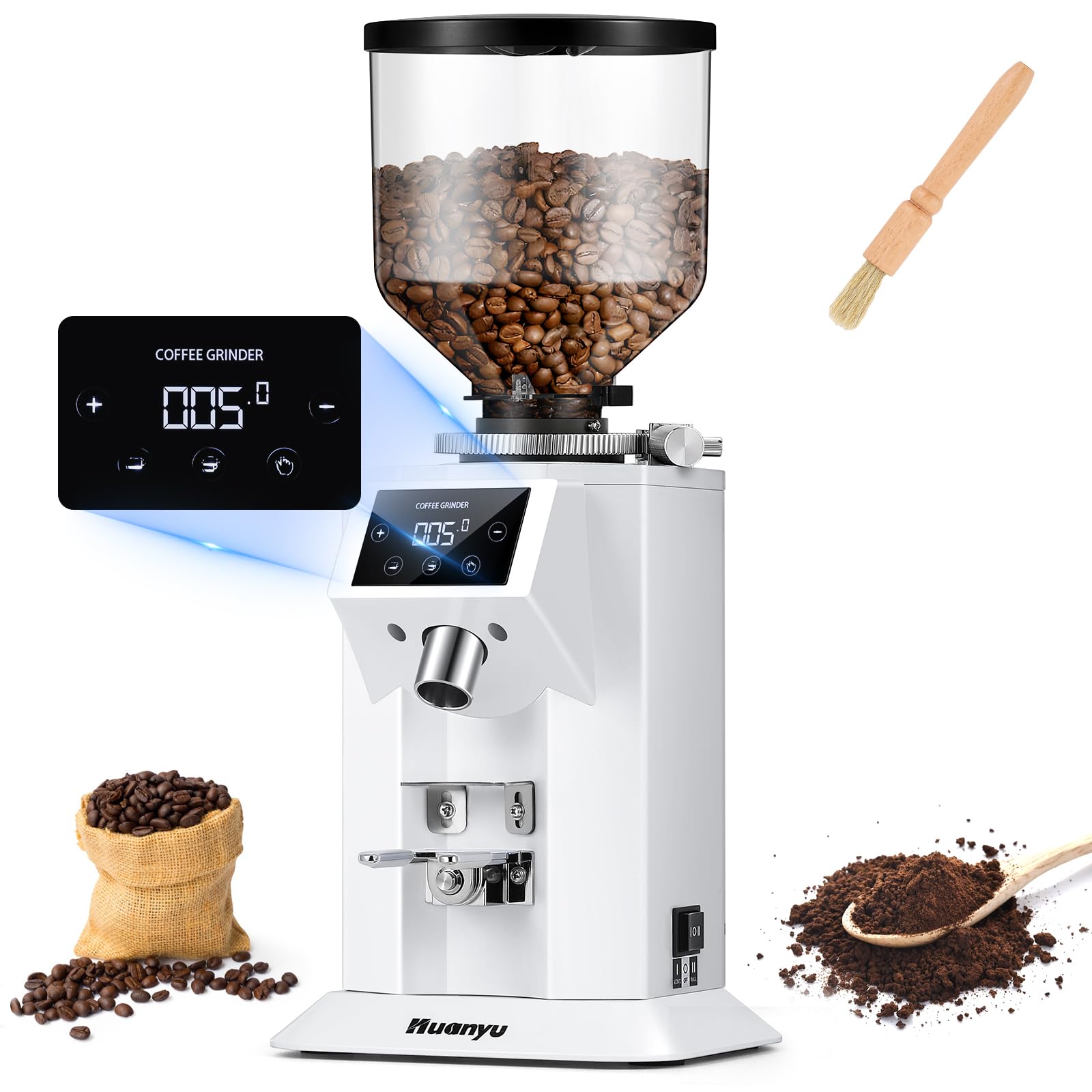 Huanyu Professional Electric Coffee Grinder - 74mm Flat Burr, 53oz Bean Hopper, 15 Infinite Grind Settings, Touch Screen, White | Perfect for Espresso, French Press & Pour Over Brewing at Home or Cafe