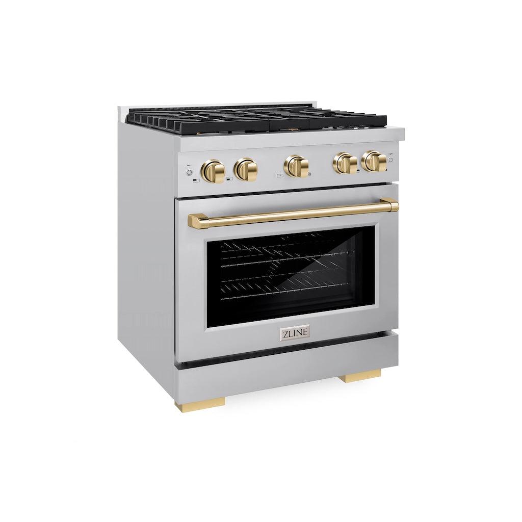 ZLINE Autograph Edition 30-inch 4.2 cu. ft. Stainless Steel Gas Range with 4 Burner Cooktop & Convection Oven - Polished Gold Accents (SGRZ 30 G) for Professional Home Kitchens & Gourmet Cooking