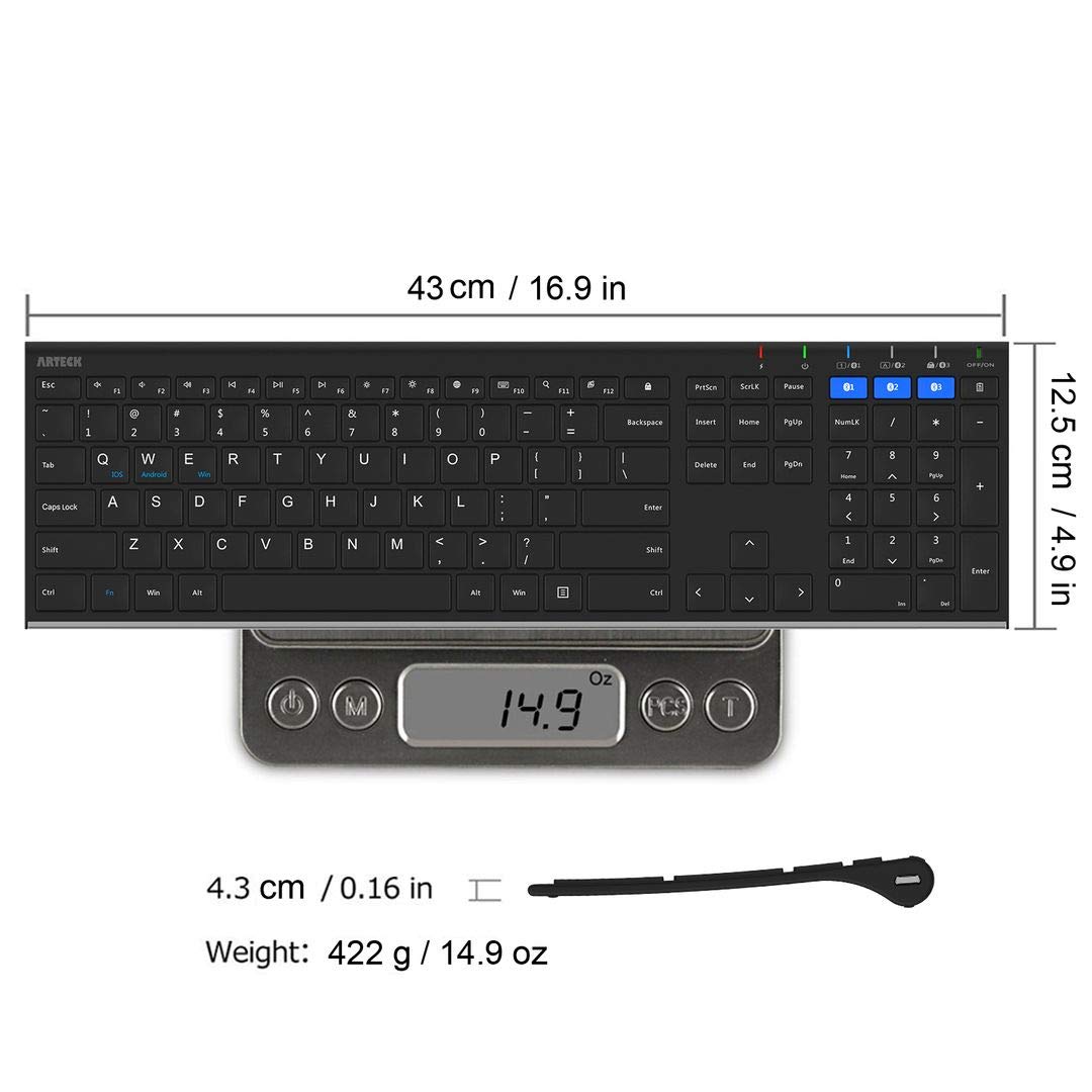 Arteck HB192 Universal Bluetooth Keyboard - Multi-Device Wireless Keyboard for Windows, iOS, Android, Mac - Full Size Stainless Steel Keyboard for Computer, Laptop, Tablet, Smartphone - Rechargeable Battery - Perfect for Office, Home & Travel Use