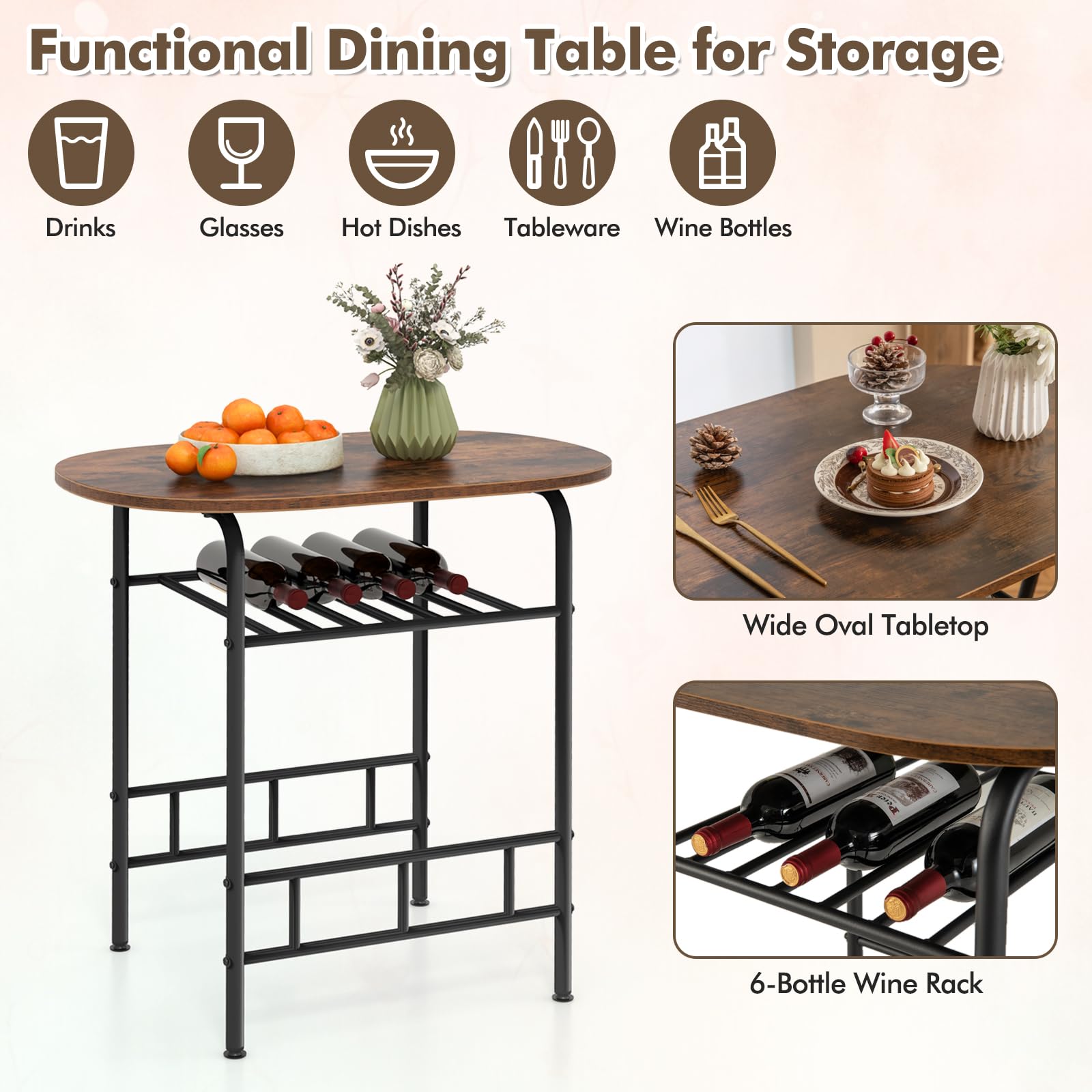 Giantex 3-Piece Space Saving Dining Set - Compact Bistro Table with 2 Chairs, Metal Frame & Storage Shelf - Perfect for Small Apartments, Kitchen, Breakfast Nook & Pub Style Decor (Black & Brown) - Ideal for Studio Living, Balcony Dining & Urban Homes