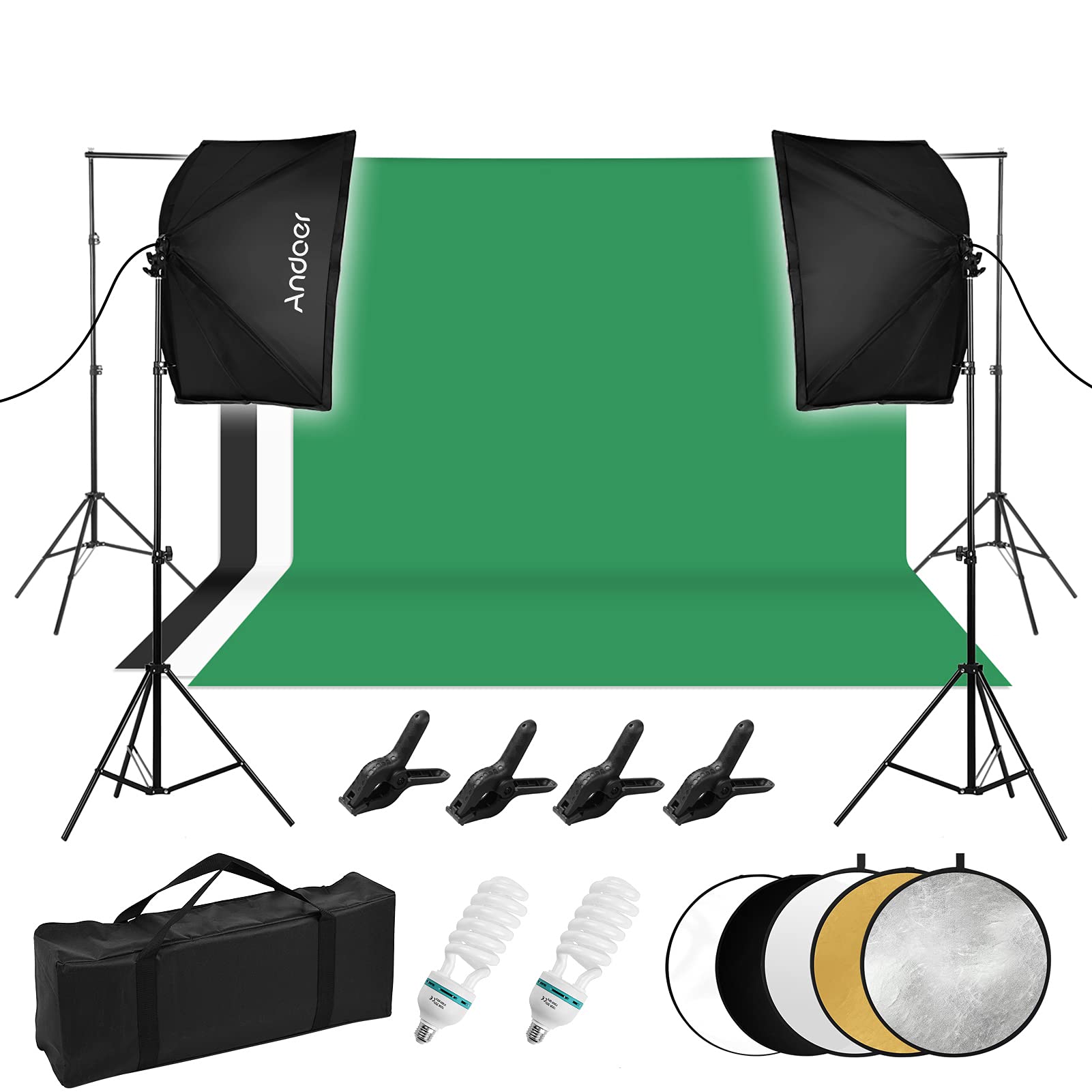 Professional Studio Photography Lighting Kit with Softboxes, 2 Bulbs, 2 Light Stands, Backdrop Stand, 3 Backdrops, 4 Clamps, Reflector & Carry Bag - Perfect for Portrait, Product & YouTube Video Shooting
