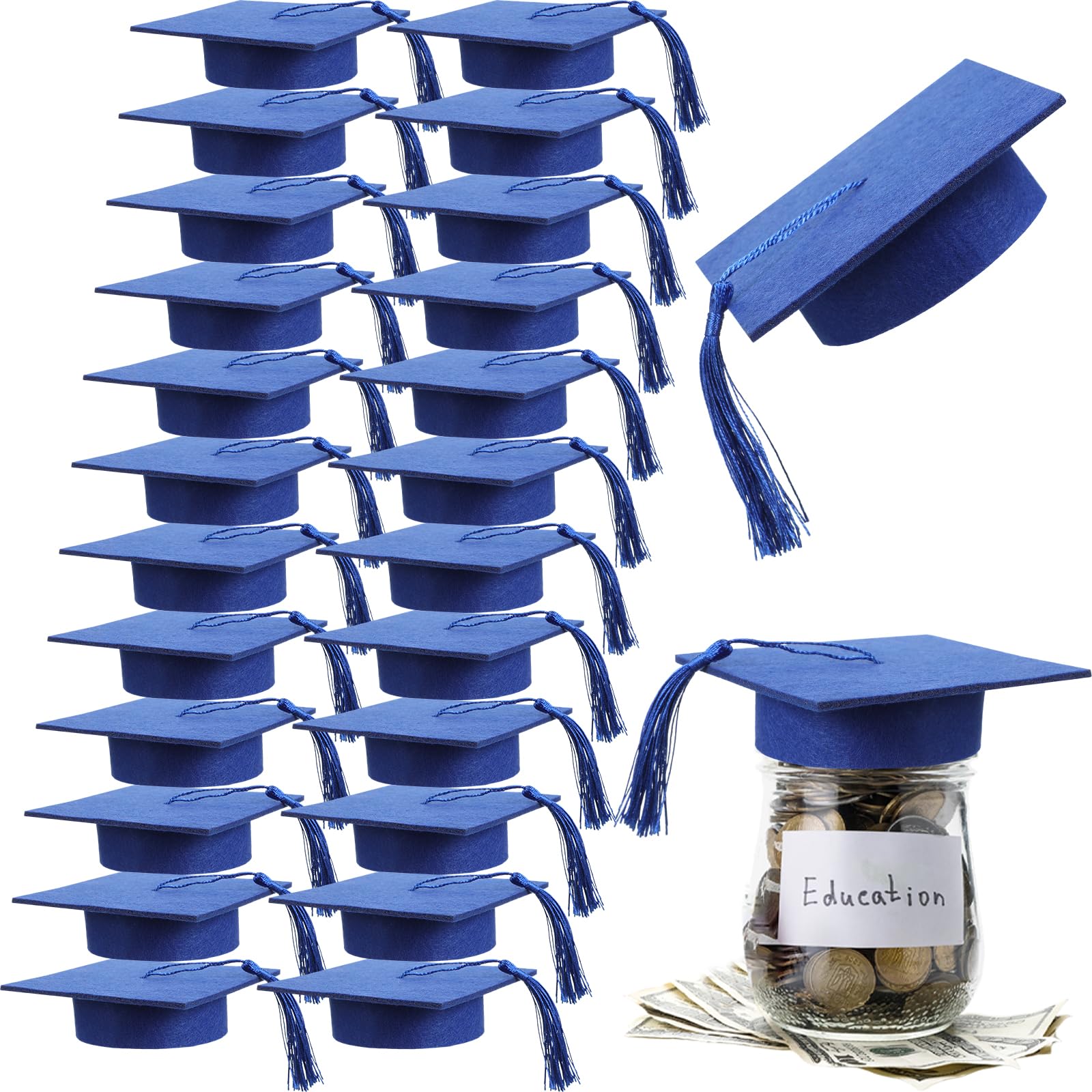 24 Pcs Graduation Cap Decorations - 4.2 Inch Mason Jar Lid Toppers with Tassels for Graduation Party Table Decor (Blue) - Perfect for DIY Graduation Centerpieces, Photo Booth Props & Celebration Decorations
