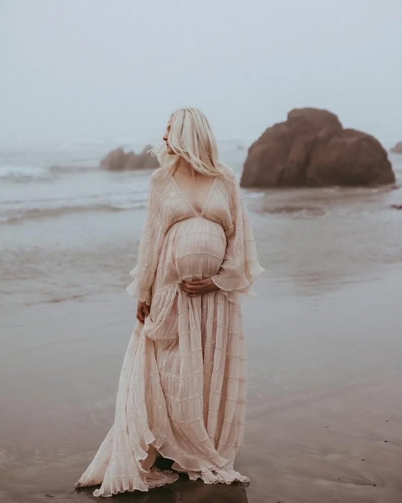 Boho Maternity Dress for Photoshoot - Long Sleeve Tulle Off Shoulder Pregnancy Gown for Baby Shower, Bridal Lingerie & Maternity Photoshoots | Perfect for Pregnancy Announcements, Maternity Portraits and Special Occasions