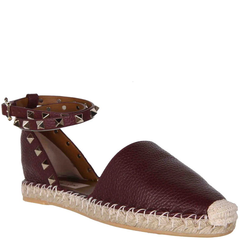 Valentino Rockstud Espadrille Ankle Wrap Flat Sandals - Women's Luxury Grained Leather Rubin Red Shoes for Party, Wedding & Evening Events