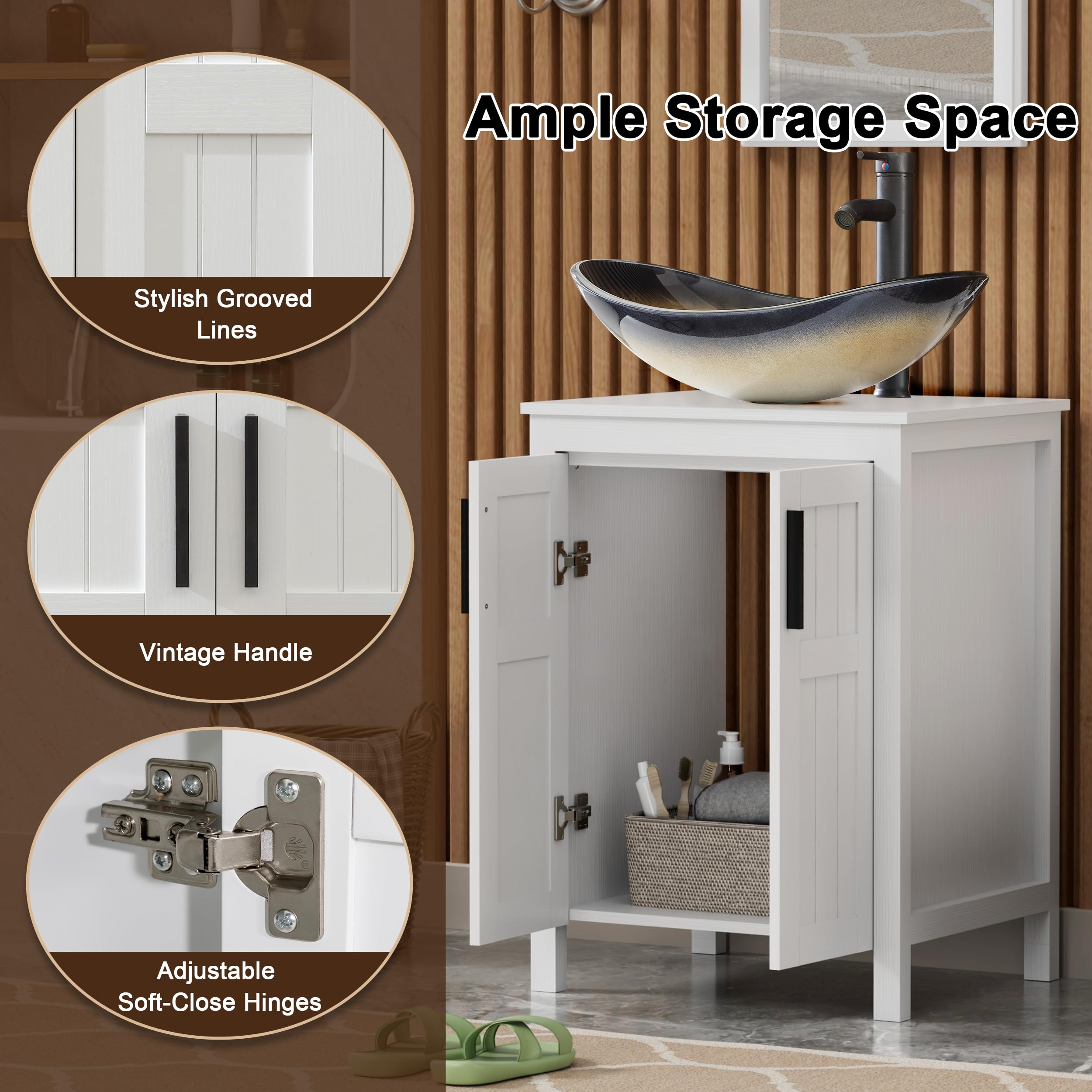 24 Inch White UEV Freestanding Bathroom Vanity with Champagne Boat Glass Vessel Sink - Modern Double Door Vanity Cabinet with Grooved Design & Metal Handles - Perfect for Small Bathrooms, Powder Rooms & Contemporary Home Decor