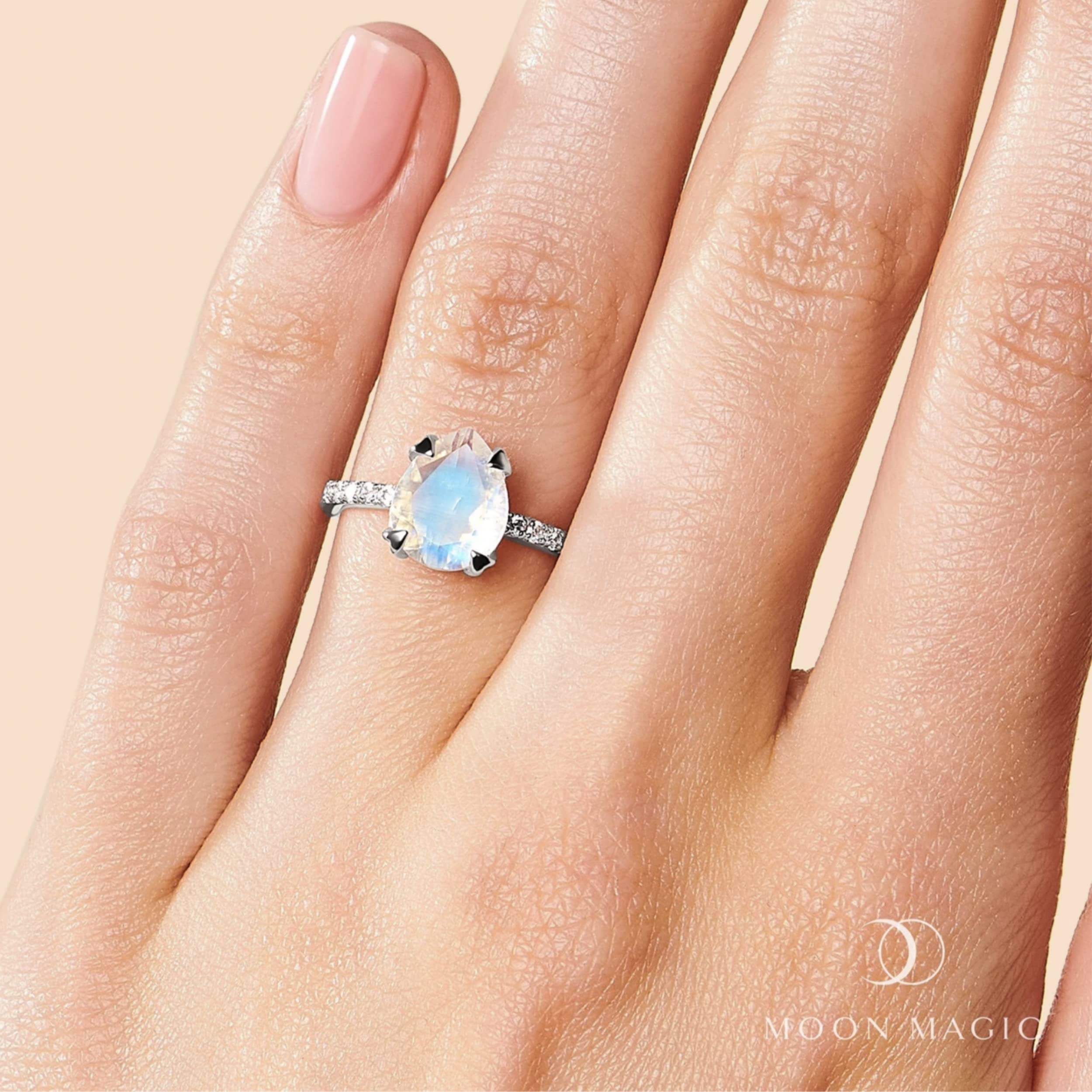 Moon Magic - Genuine Rainbow Moonstone, Ruby, Garnet, Rose Quartz, Obsidian, Amethyst & Opal Rings in 925 Sterling Silver & 18k Rose Gold - Women's Birthstone Jewelry for Everyday Wear, Gifts & Special Occasions