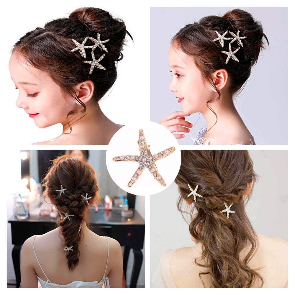 3Pcs Pearl Starfish Rhinestone Hair Clips - Elegant Mermaid Hair Accessories for Women & Girls | Perfect for Weddings, Parties, Beach Vacations, Photography & Special Occasions | Great Gift for Brides, Kids & Teens