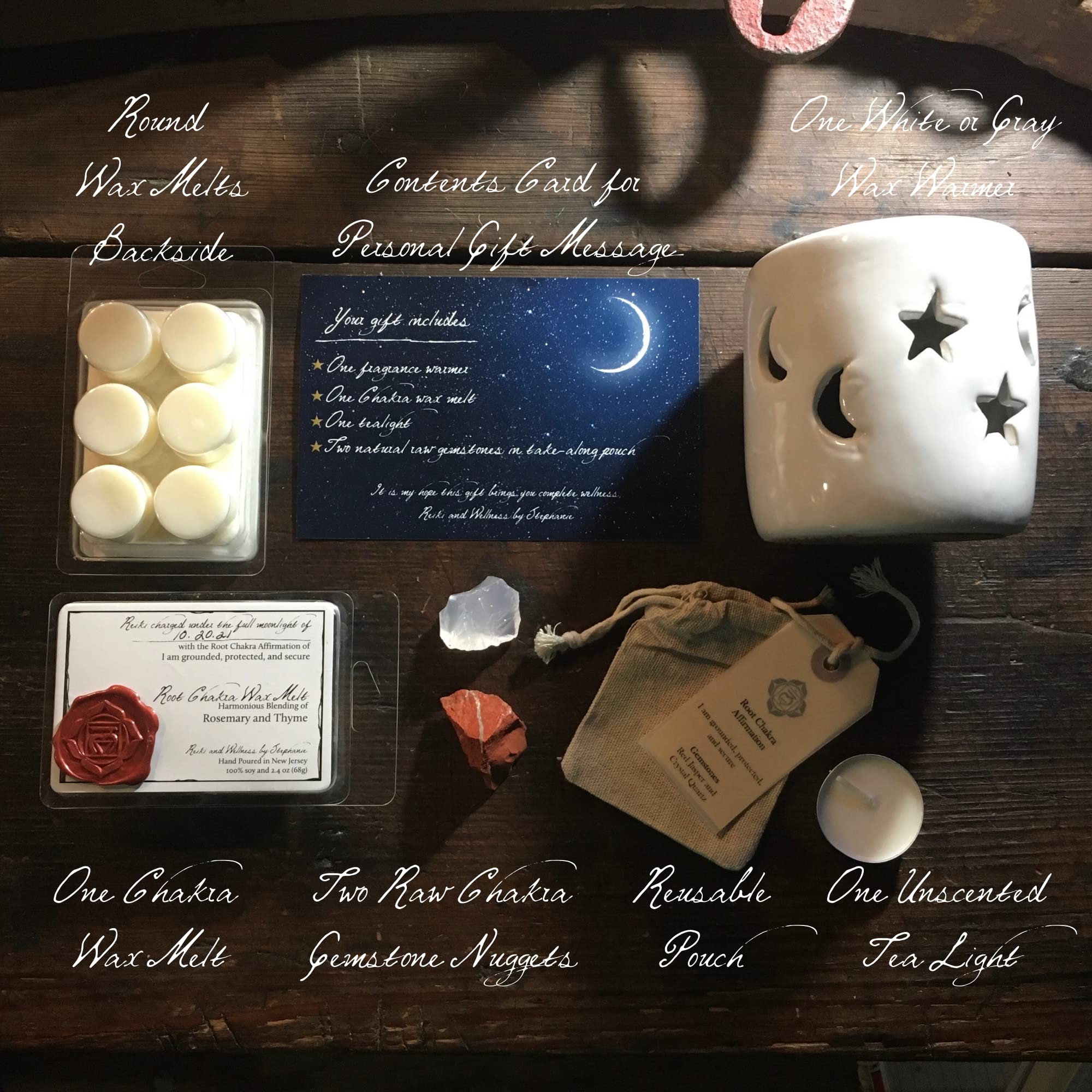 Reiki Charged Healing Crystals Set with Chakra Wax Melts & Wax Warmer - Raw Gemstones, Tealight Candle, Affirmation Cards for Meditation & Relaxation - Perfect Spiritual Gift for Yoga, Energy Healing & Home Decor (Root Chakra)