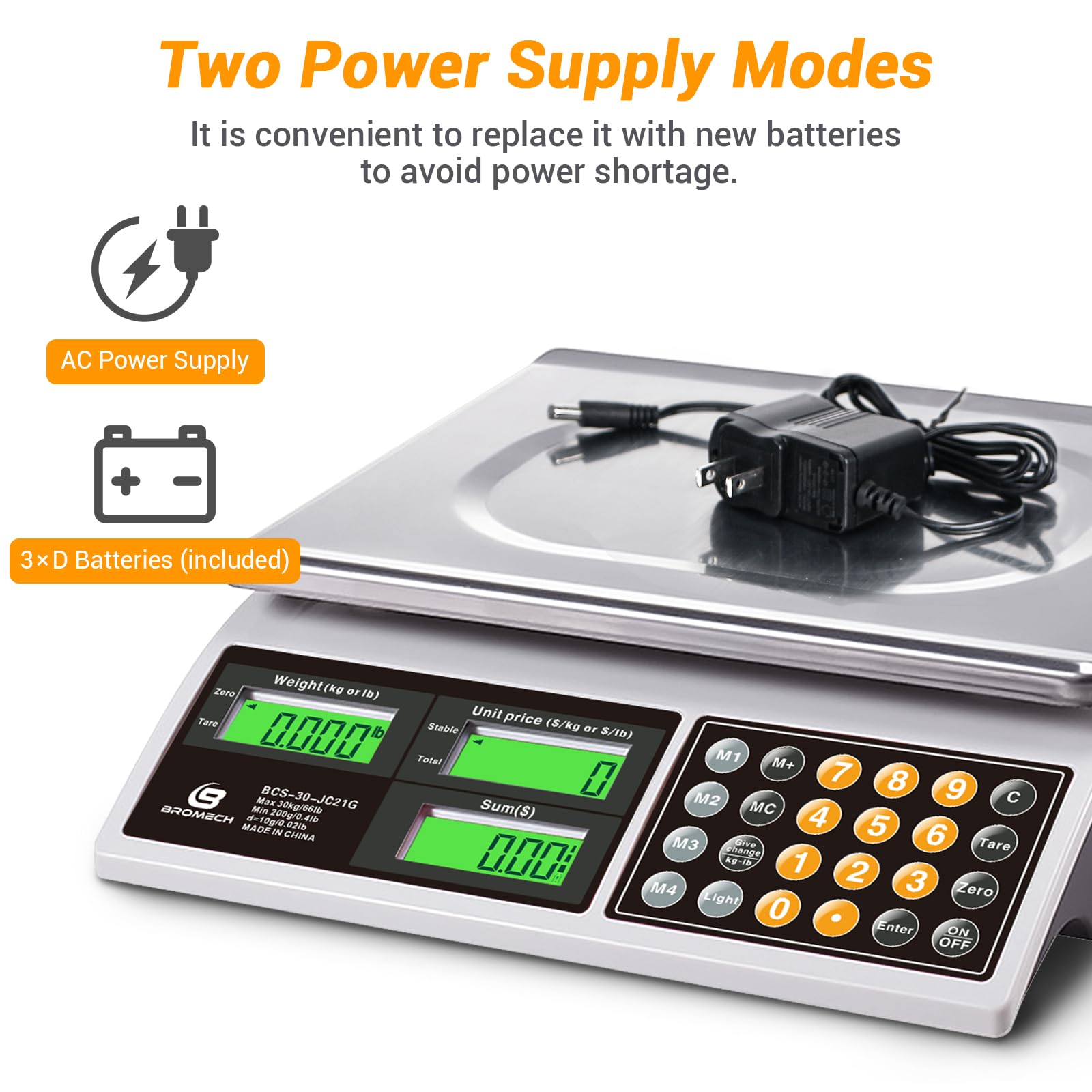 66lb Digital Commercial Food Scale with Green Backlight LCD - Price Computing Scale for Meat, Produce, Farmers Market & Retail - Battery Powered Weighing Scale for Kitchen, Grocery Store, Butcher Shop & Food Business