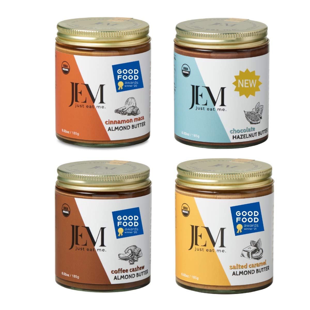 JEM Organics All Natural Sprouted Nut Butter Variety Pack - Almond Butter, Hazelnut Butter & Cashew Butter | Gluten-Free, Paleo, Vegan, Keto-Friendly Dessert Topping & Healthy Snack (6 oz, 4-Pack) | Perfect for Smoothie Bowls, Toast Toppings & Low-Carb Baking