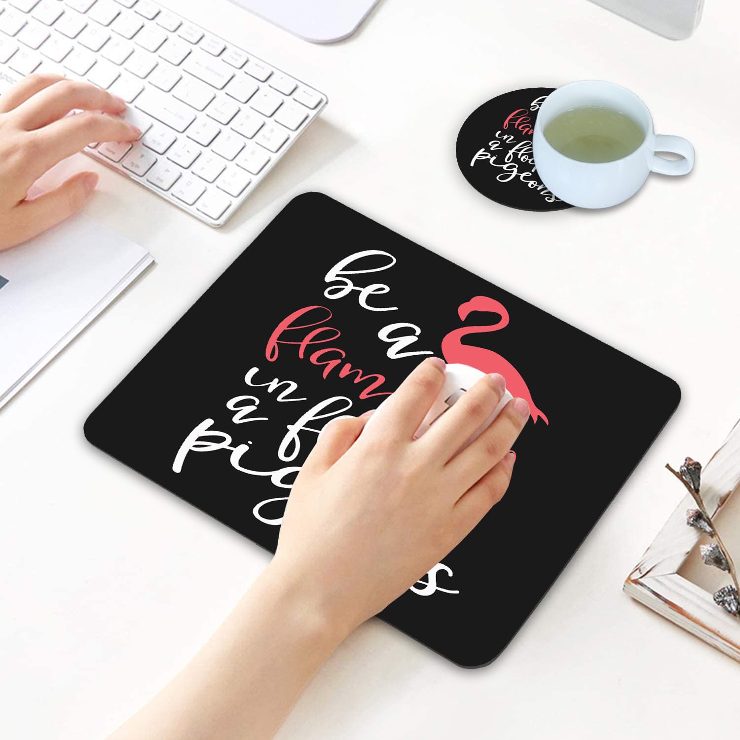 Flamingo in a Flock of Pigeons Inspirational Mouse Pad & Coasters Set - Non-Slip Rubber Base, Rectangle Desk Pad for Laptop & Computer Office Accessories - Perfect for Home Office, Gaming & Workspace Decor
