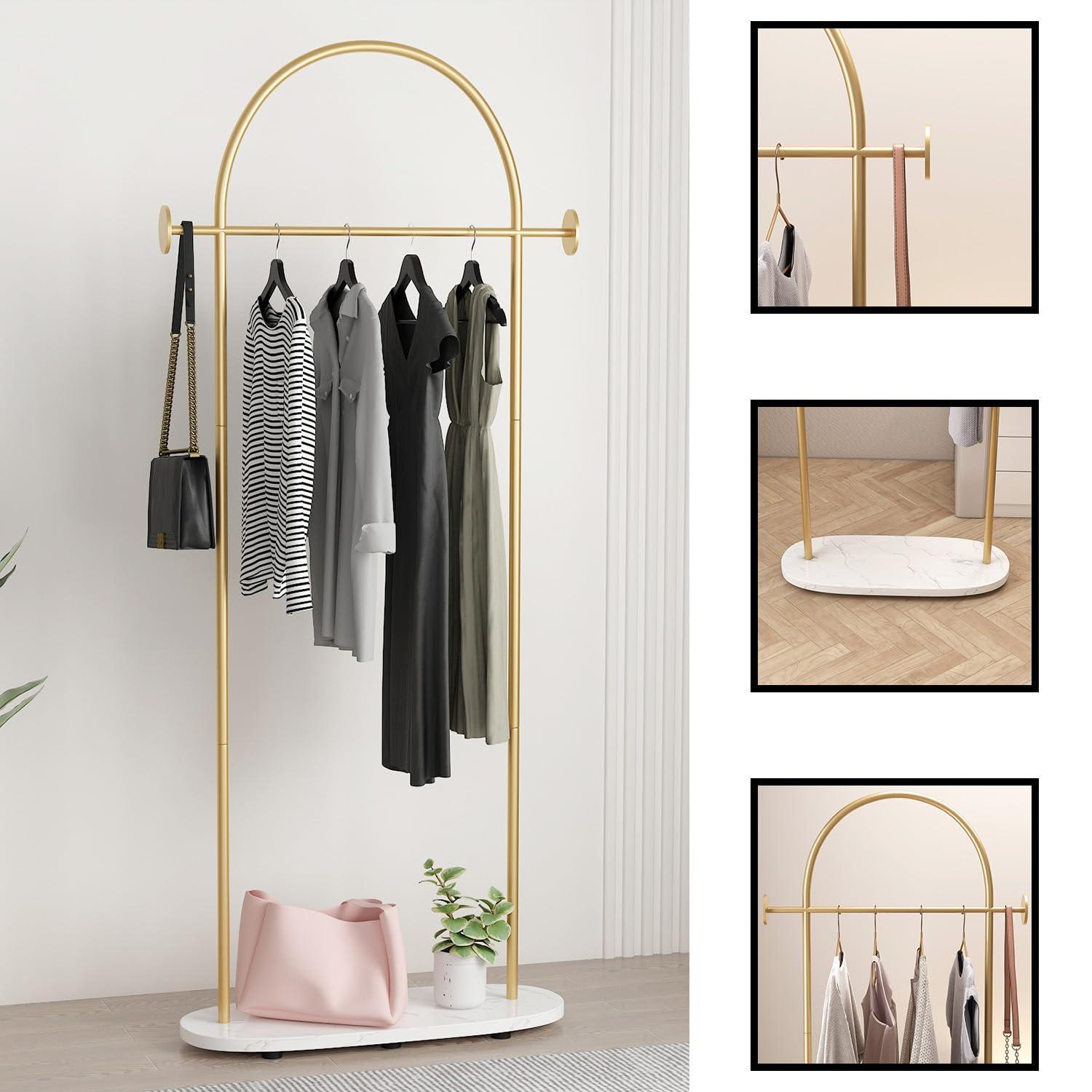 Stylish Gold Clothing Rack with Shelf - Heavy Duty Freestanding Coat Rack for Boutique, Office & Home - Modern Metal Garment Hanger Stand with Multiple Hooks - Perfect for Closet Organization, Retail Display & Bedroom Storage
