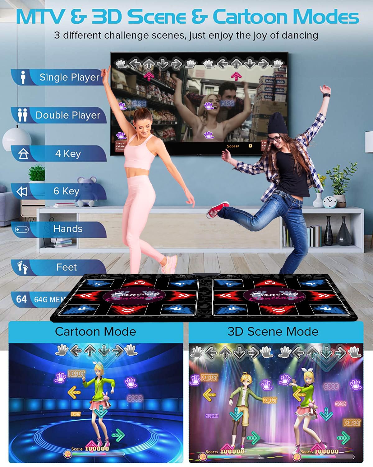 1-2 Player Dance Mat with 64GB Memory Card, 899 Games & 75 Music Videos, 650 Songs for TV Entertainment via HDMI - Fitness Dance Game for Kids & Adults, Flannel Surface - Perfect for Family Fun, Parties & Home Workouts