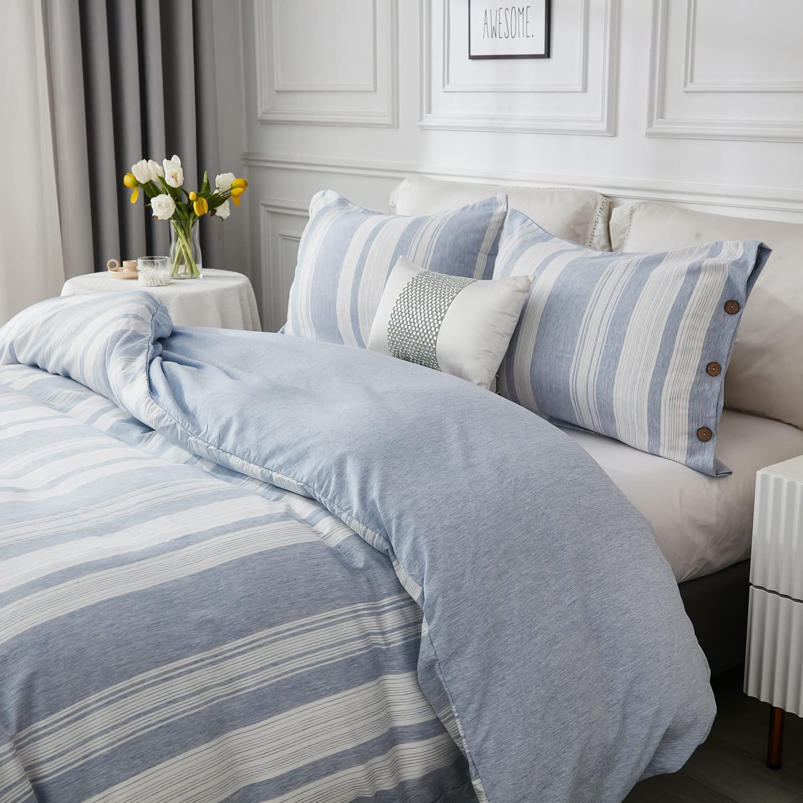 Breathable Soft Brushed Microfiber Duvet Cover Set - King Size Blue Striped Bedding with Button Closure (Includes 1 Duvet Cover + 2 Pillowcases) | Perfect for Cozy Bedrooms & Guest Room Decor