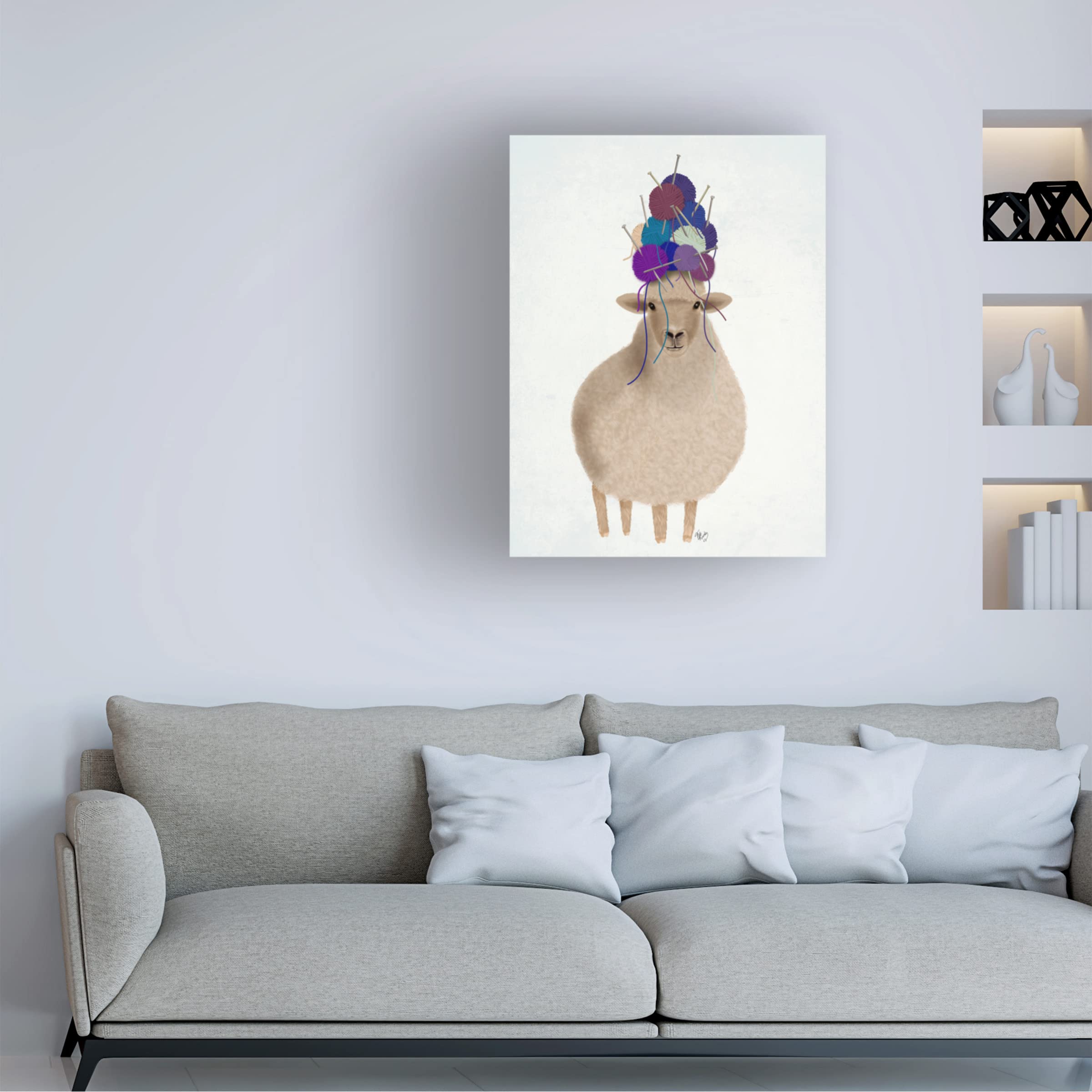 Fab Funky 'Sheep with Wool Hat Full' Canvas Wall Art Print - Modern Farmhouse Decor for Living Room, Bedroom & Office