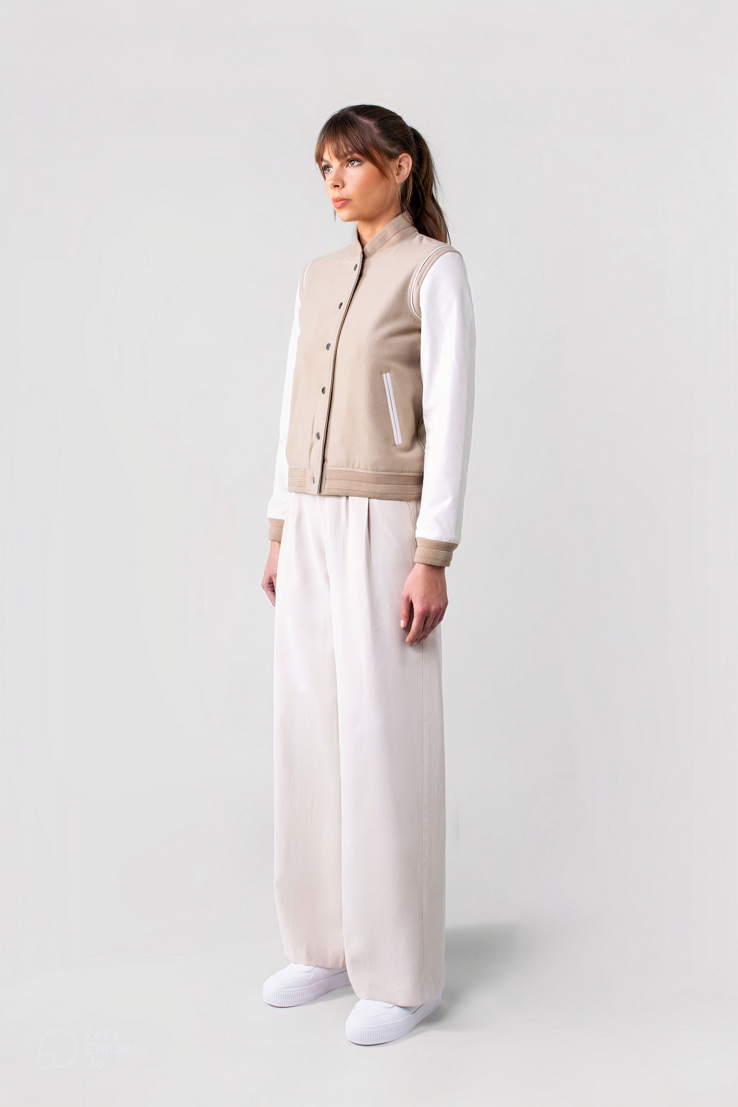 Women's Varsity Jacket in Ecru - Stylish Casual Outerwear for College, Streetwear & Everyday Fashion