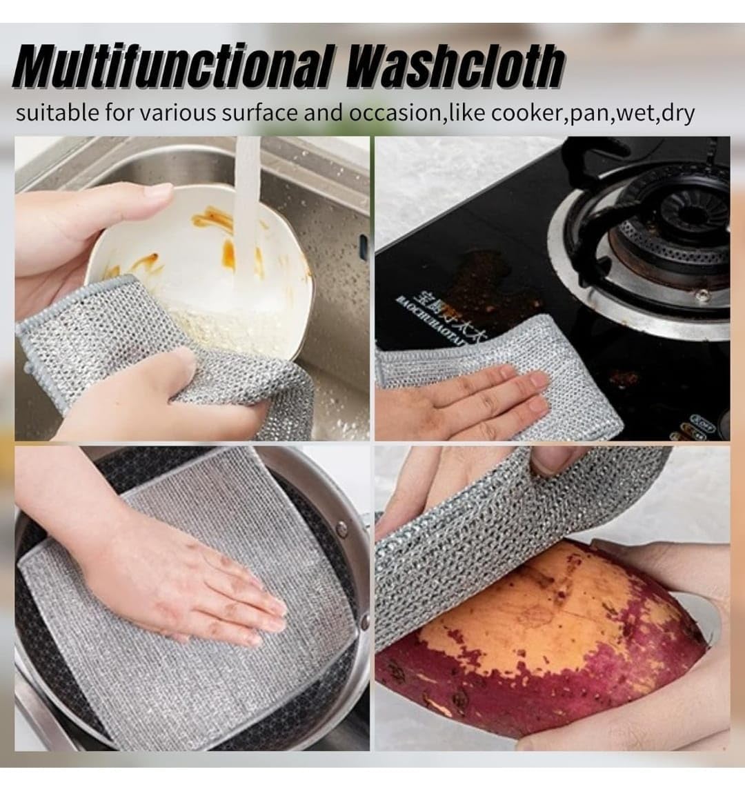 Stainless Steel Scrubber Pads - Non-Scratch Dishwashing Rags for Wet & Dry Cleaning - Multipurpose Wire Scourer for Dishes, Sinks & Countertops - Easy Rinse & Machine Washable (6 Pack) - Perfect for Kitchen Cleaning, Pots & Pans Scrubbing