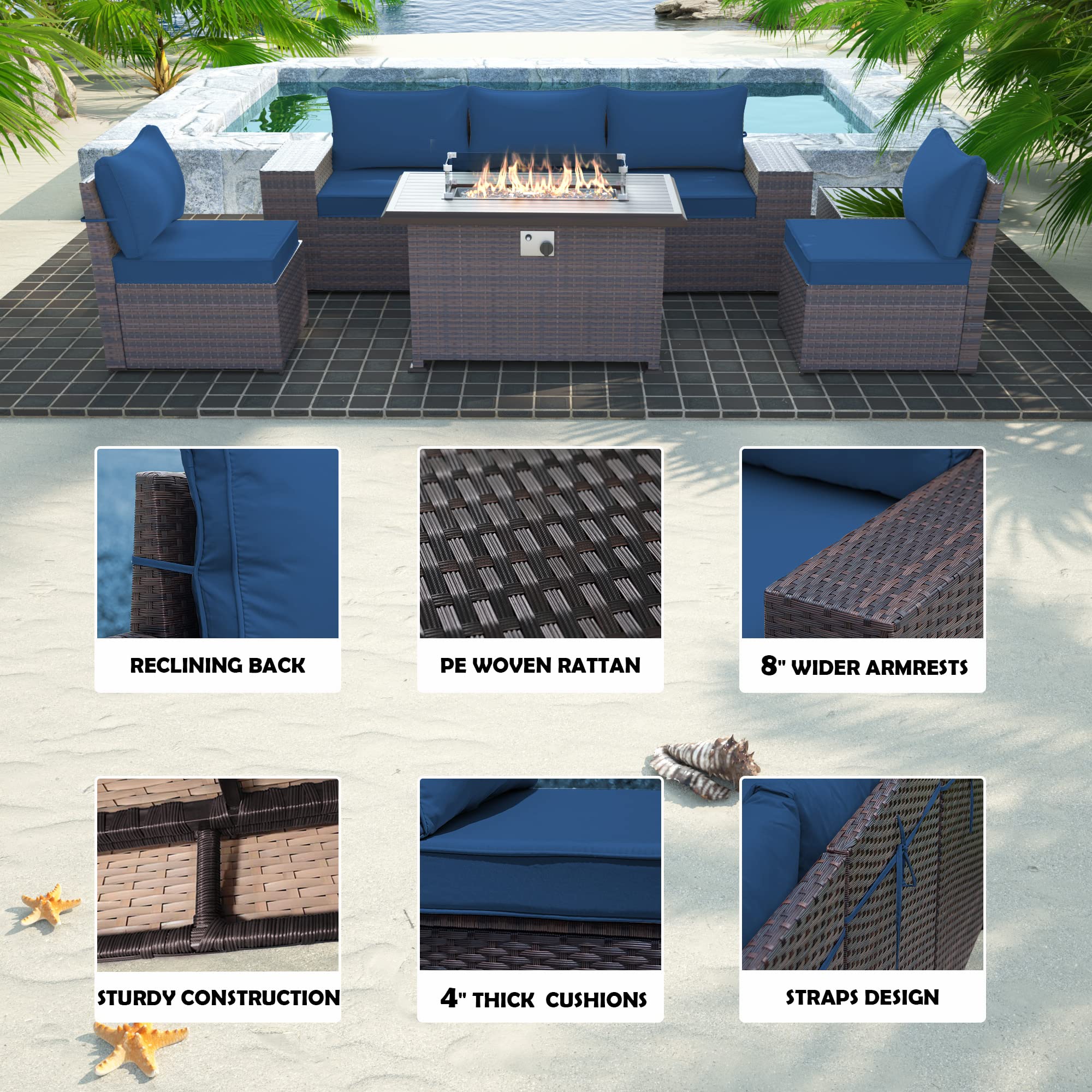 Gotland 7-Piece Outdoor Patio Furniture Set with 43-inch Gas Fire Pit Table - 55,000 BTU Auto-Ignition Sectional Sofa Set with Glass Wind Guard - Perfect for Backyard, Garden, Poolside & Outdoor Entertaining