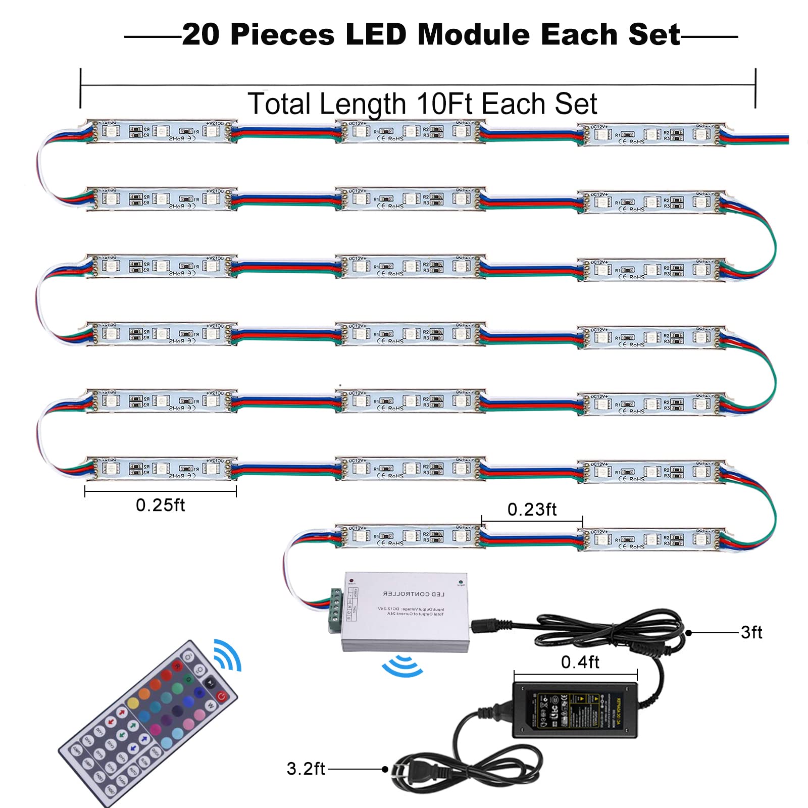 20 Ft RGB LED Storefront Lights - 40 Pieces Module with 5050 SMD 120 LEDs (2 Sets) for Window Letter Signs & Advertising Displays - Perfect for Retail Shops, Restaurants, and Business Storefronts