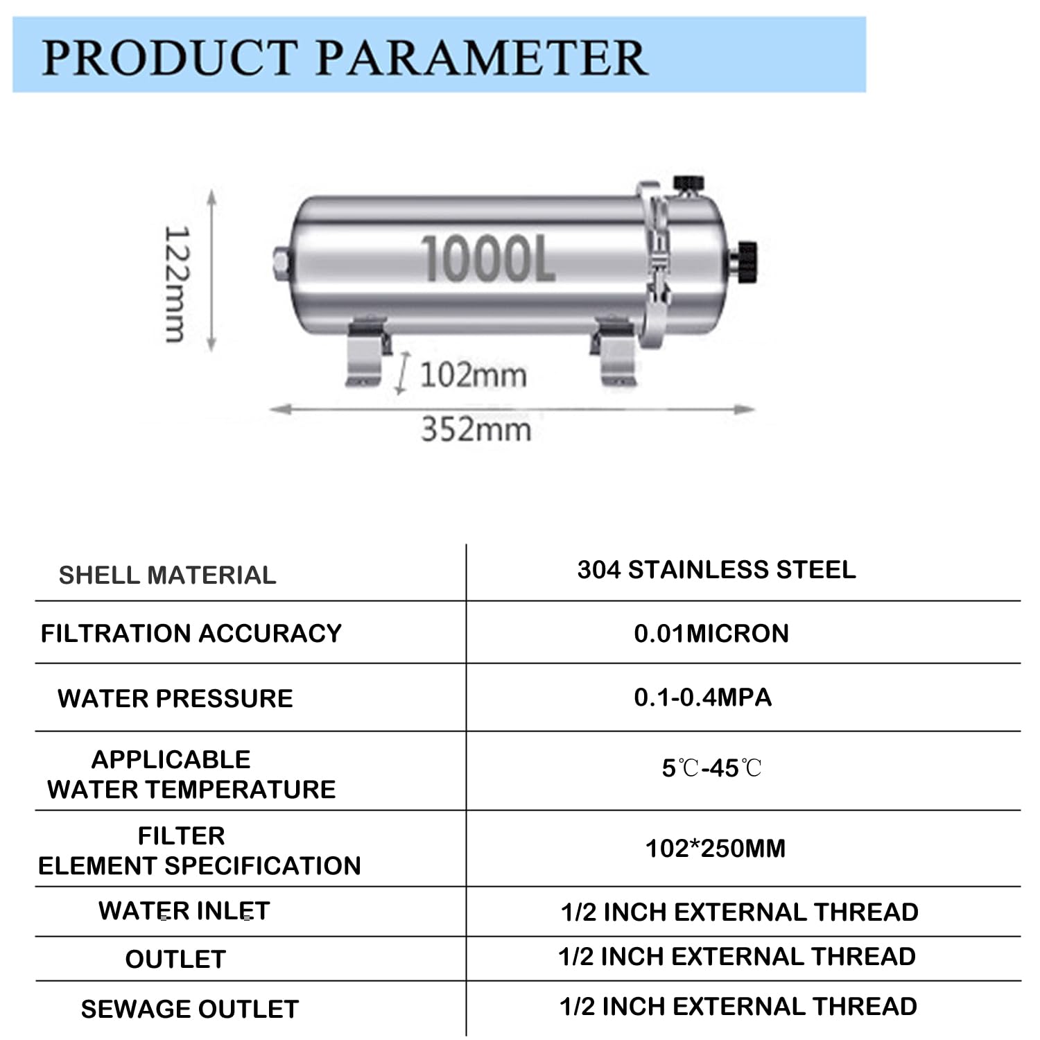 304 Stainless Steel Ultrafiltration Membrane Water Filter - 1000L/H Flow Rate, 0.01 Micron PVDF Filtration System, Washable & Reusable for Home/Commercial Water Purification - Perfect for Drinking Water, Aquariums, and Industrial Filtration