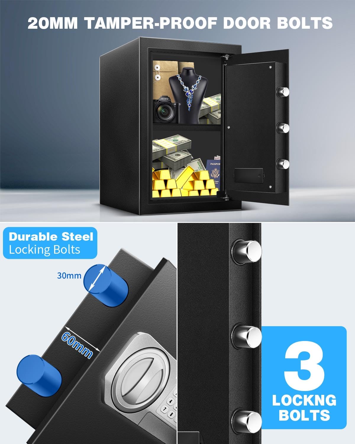 2.5 Cu Ft Steel Electronic Digital Safe Box with LED Sensor Light & External Power - Home & Office Security for Documents, Money, Jewelry & Valuables - Ideal for Bedroom, Closet & Business Use