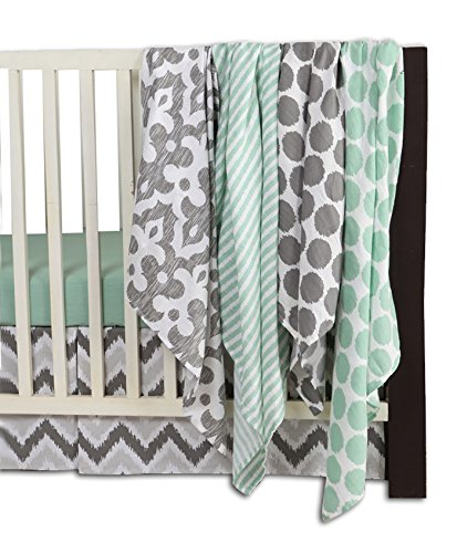 Bacati 10-Piece Neutral Crib Set with 4 Muslin Swaddling Blankets - Mint & Grey Ikat Chevron Pattern for Standard US Crib | Soft Baby Bedding for Nursery, Swaddle Newborns & Toddler Sleep Comfort