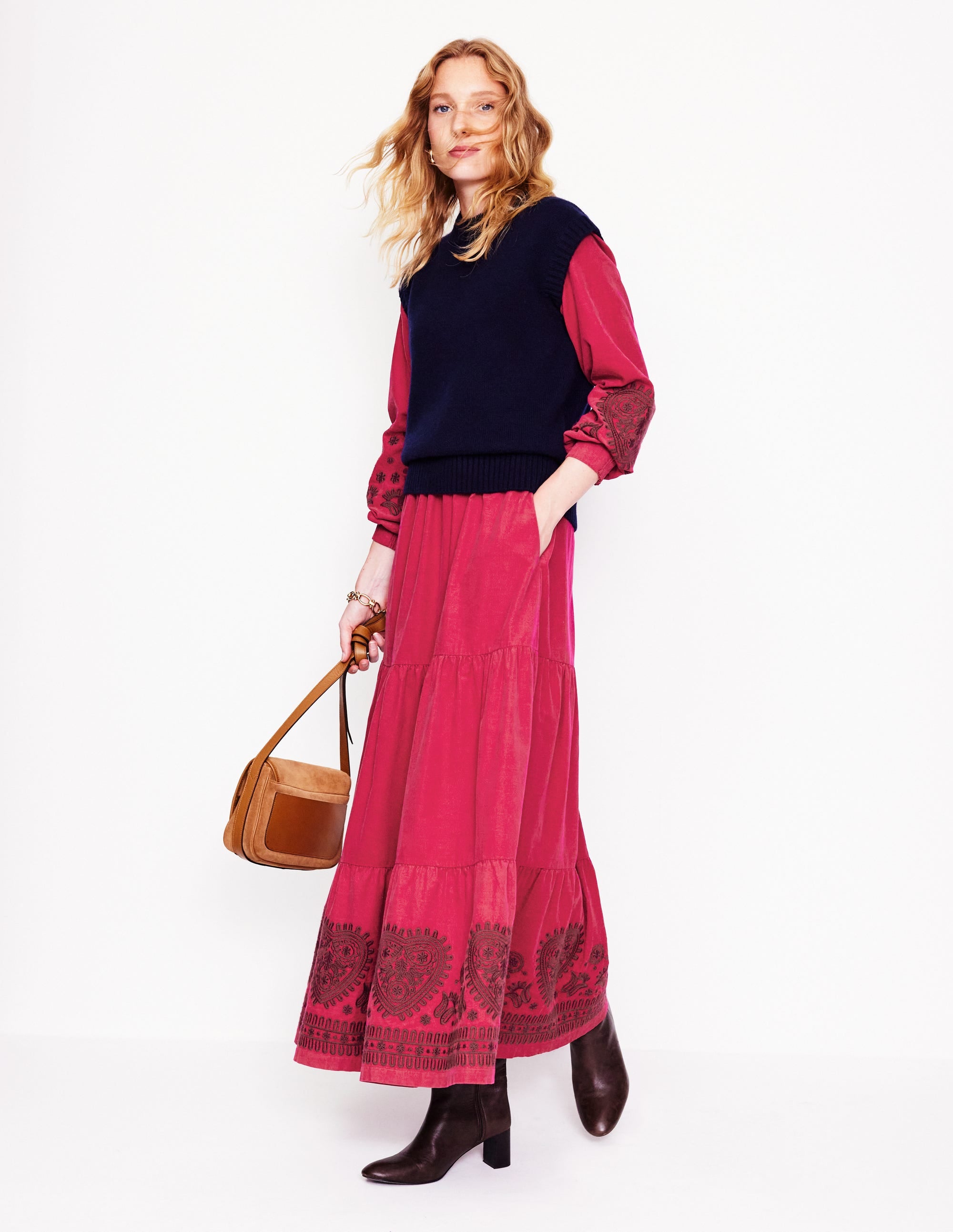 Alba Cord Maxi Dress - Embroidered Floral Cherry Jam Print - Elegant Boho Long Dress for Women - Perfect for Summer, Beach, and Casual Outings
