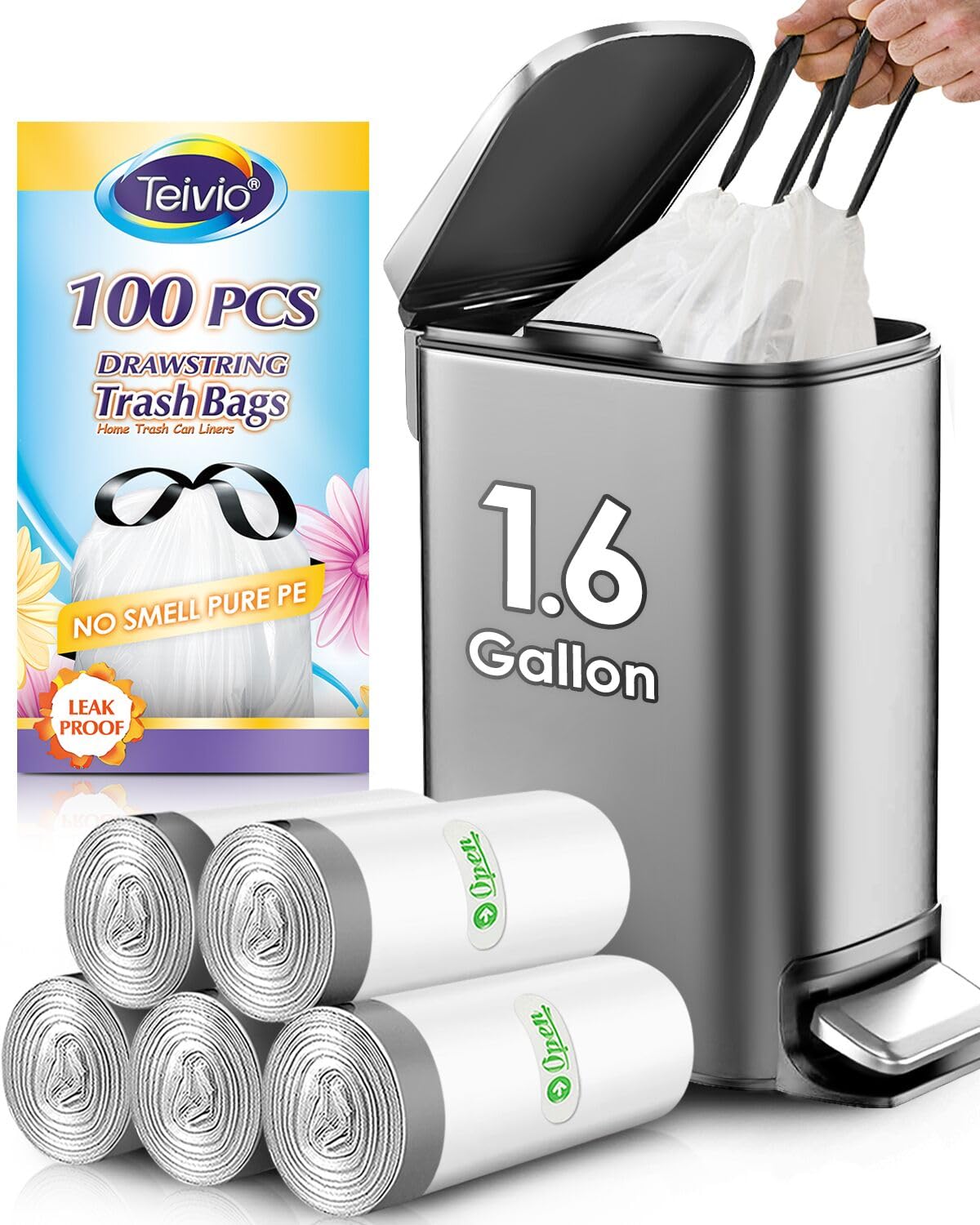 Teivio 1.6 Gallon 100 Counts Heavy Duty Drawstring Trash Bags - Medium Kitchen & Bathroom Garbage Bags, Strong Plastic Bin Liners for Home, Office, Kitchen Use - Perfect for Waste Disposal & Daily Cleaning (White)