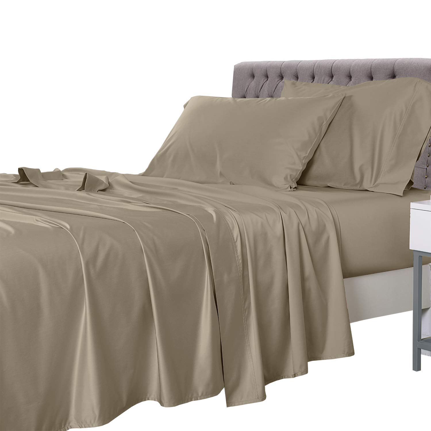 Royal Tradition Bamboo Rayon-Coolplus King Size Sheet Set (450TC, Solid Tan) - Ultra Soft & Breathable Bed Sheets for Hot Sleepers - Perfect for Summer Nights & Temperature Regulation
