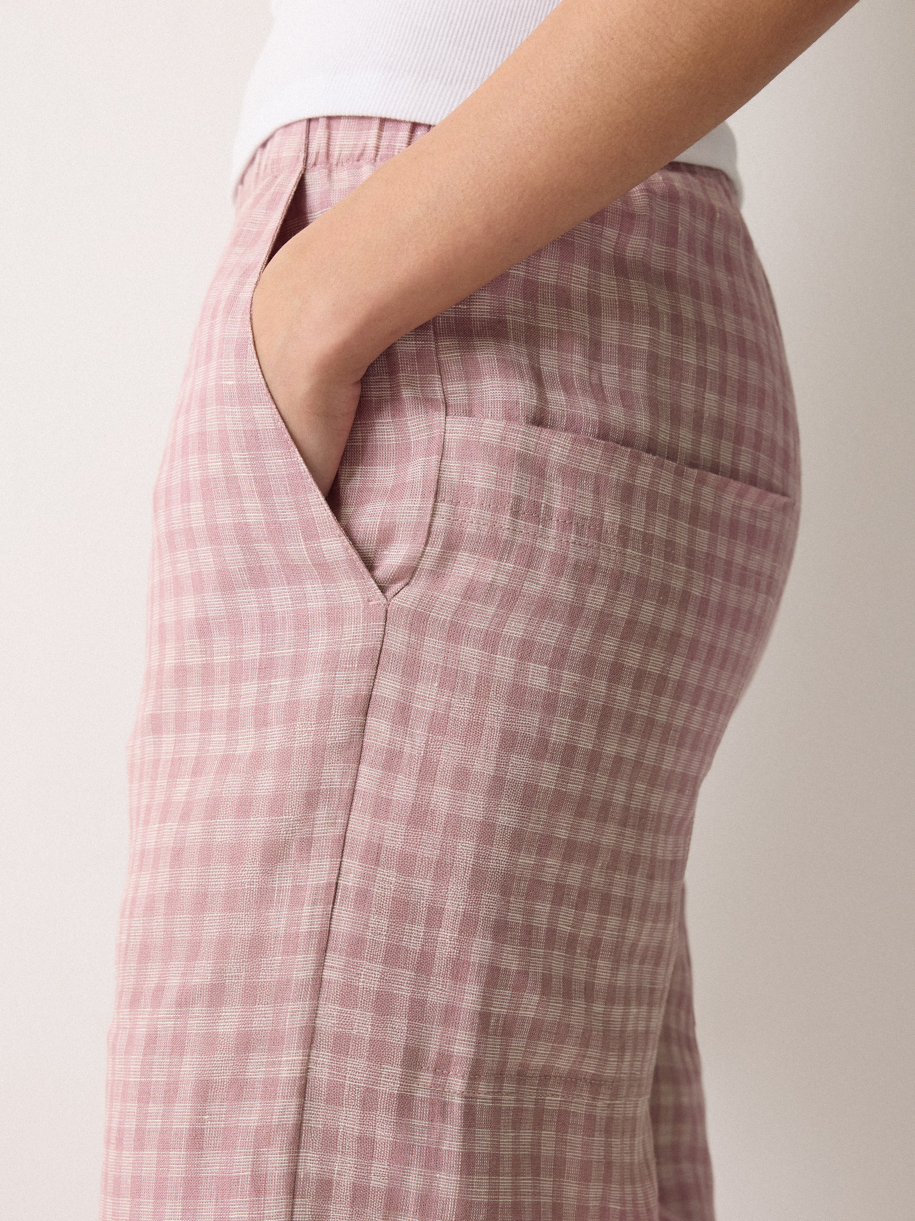 Mara Linen Checked Women's Trousers | Pink Casual Pants | Perfect for Office Wear, Summer Outfits & Travel