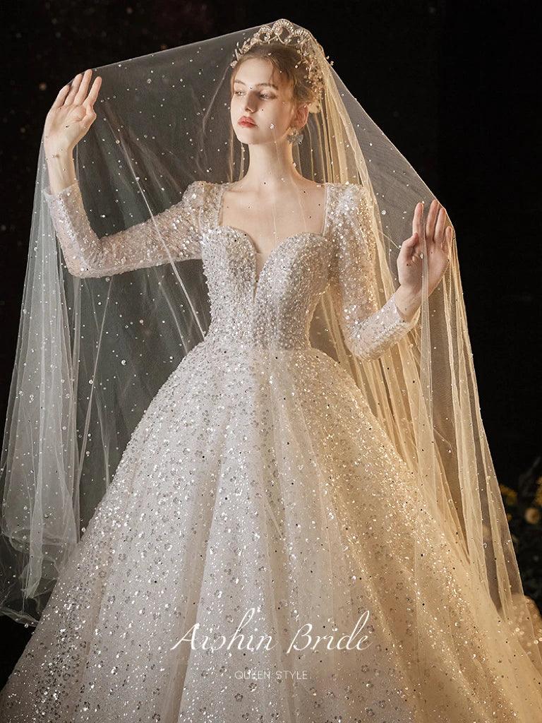 Luxury Sequined A-Line Wedding Dress with Custom Square Collar & Long Sleeves | Elegant Bridal Gown for Church Ceremony, Ballroom Reception & Romantic Photoshoot