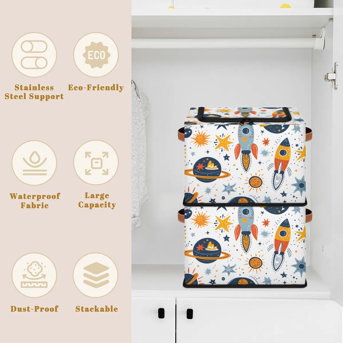 Bright Rocket Storage Boxes with Sturdy Handles - 2 Pack Zippered Storage Bins for Clothes, Toys & Home Organization - Durable Fabric Storage Baskets with Zipper Lid for Bedroom, Closet & Nursery Organization