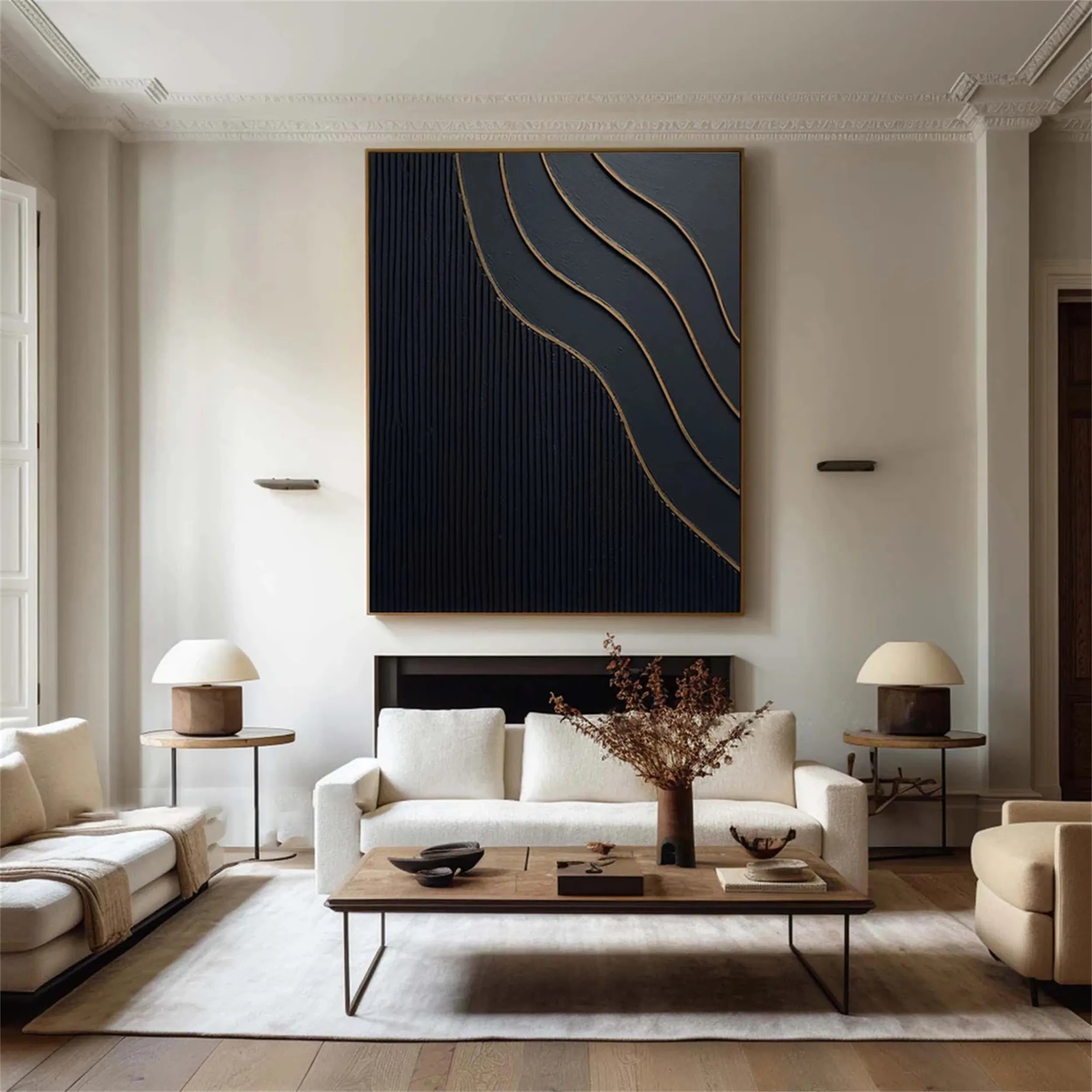 Black Gold Minimalist Textured Wall Art Painting - Modern Abstract Canvas Decor for Living Room, Bedroom & Office | #MZ087