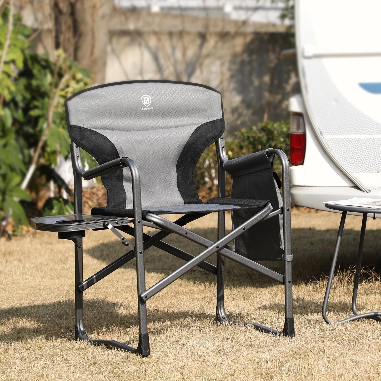 EVER ADVANCED Lightweight Folding Director's Chair - Heavy Duty 350LB Capacity Aluminum Camping Chair with Side Table & Storage Pouch - Perfect for Outdoor Movies, Beach, Picnics, Camping & Backyard Relaxation