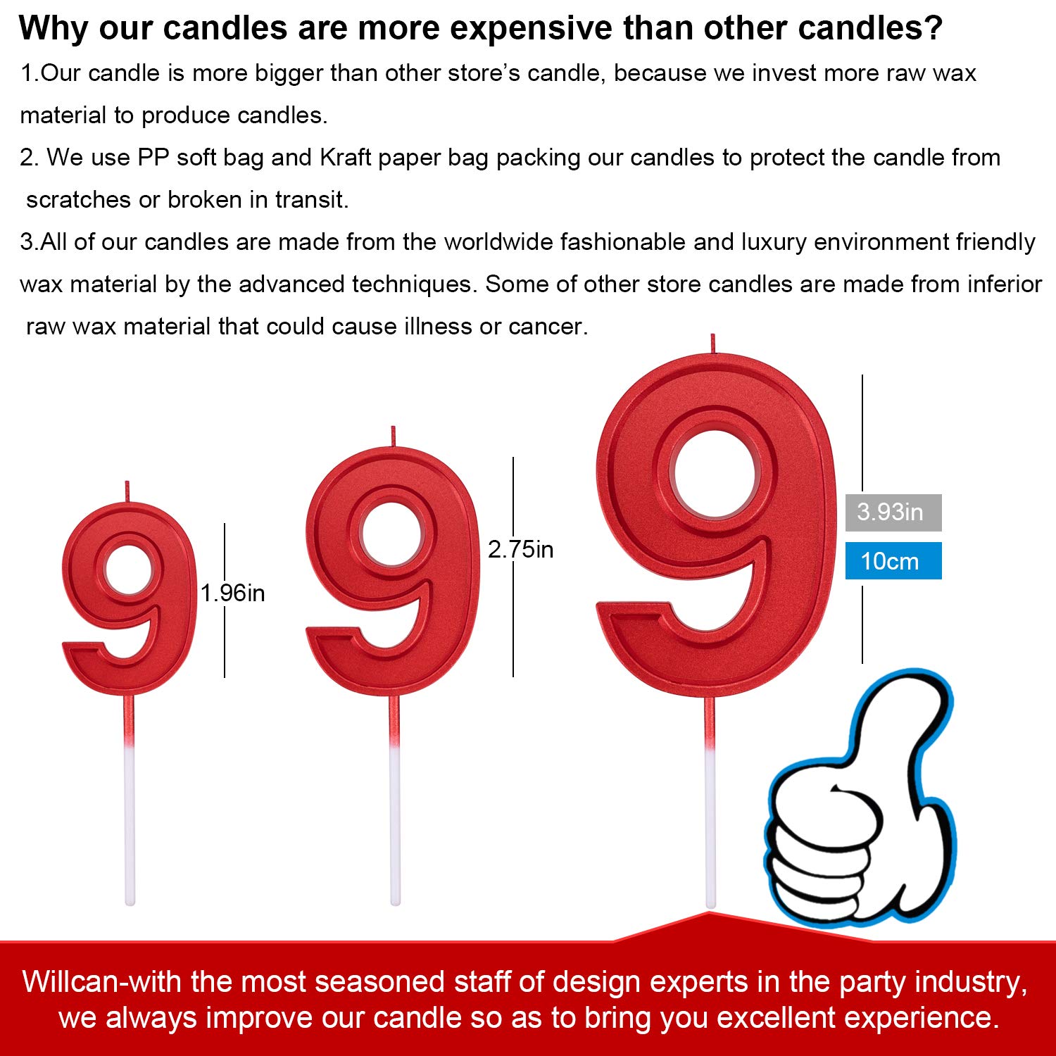 3.93 Inch Large Metallic Red Number 9 Birthday Candles - Cake & Cupcake Toppers for Adult/Kid Parties, Family Baking & Celebration Decorations - Perfect for Birthday Cakes, Dessert Displays & Special Occasions