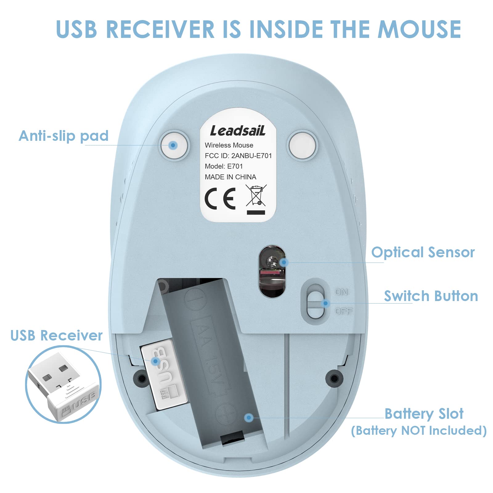 LeadsaiL Wireless Mouse for Laptop - 2.4GHz Silent USB Optical Mouse with 3 Buttons, 1600 DPI, Slim Design | Compatible with Windows, Mac, Chrome OS & Linux | Perfect for Office, Home & Travel Use