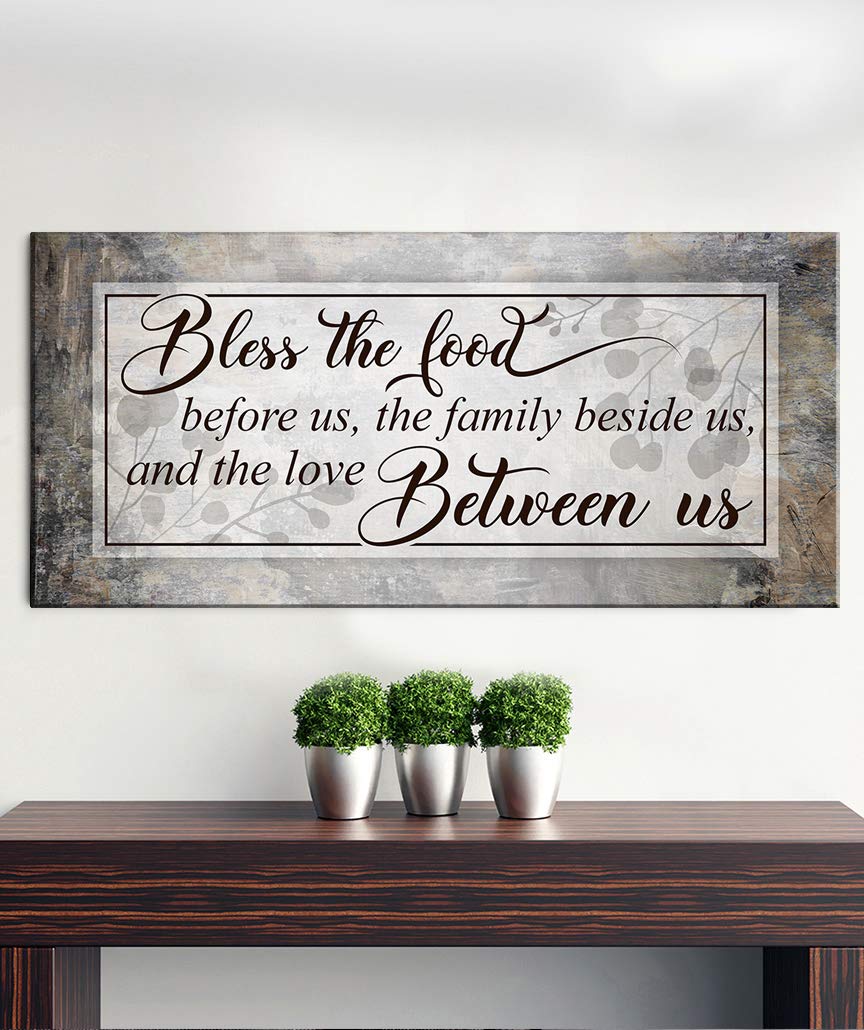 Bless The Food Sign - Large Christian Wall Decor for Dining Room & Kitchen - 42x19 Canvas Wall Art in Grey or Brown - Perfect for Family Home Decor & Religious Gift