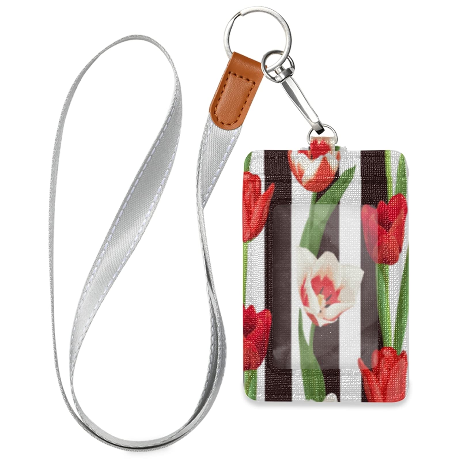Red White Tulip ID Badge Holder with Lanyard for Office & School Staff