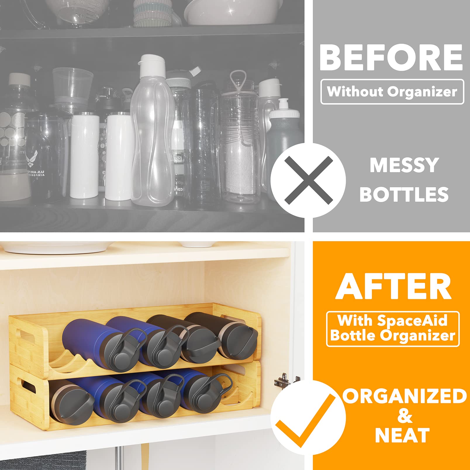 SpaceAid 2-Pack Bamboo Water Bottle Organizer with Labels - 5-Slot Kitchen Pantry Storage Rack for Cabinets, Home Cup & Wine Bottle Holder Shelf - Holds 10 Bottles - Perfect for Kitchen, Pantry, Office & RV Organization