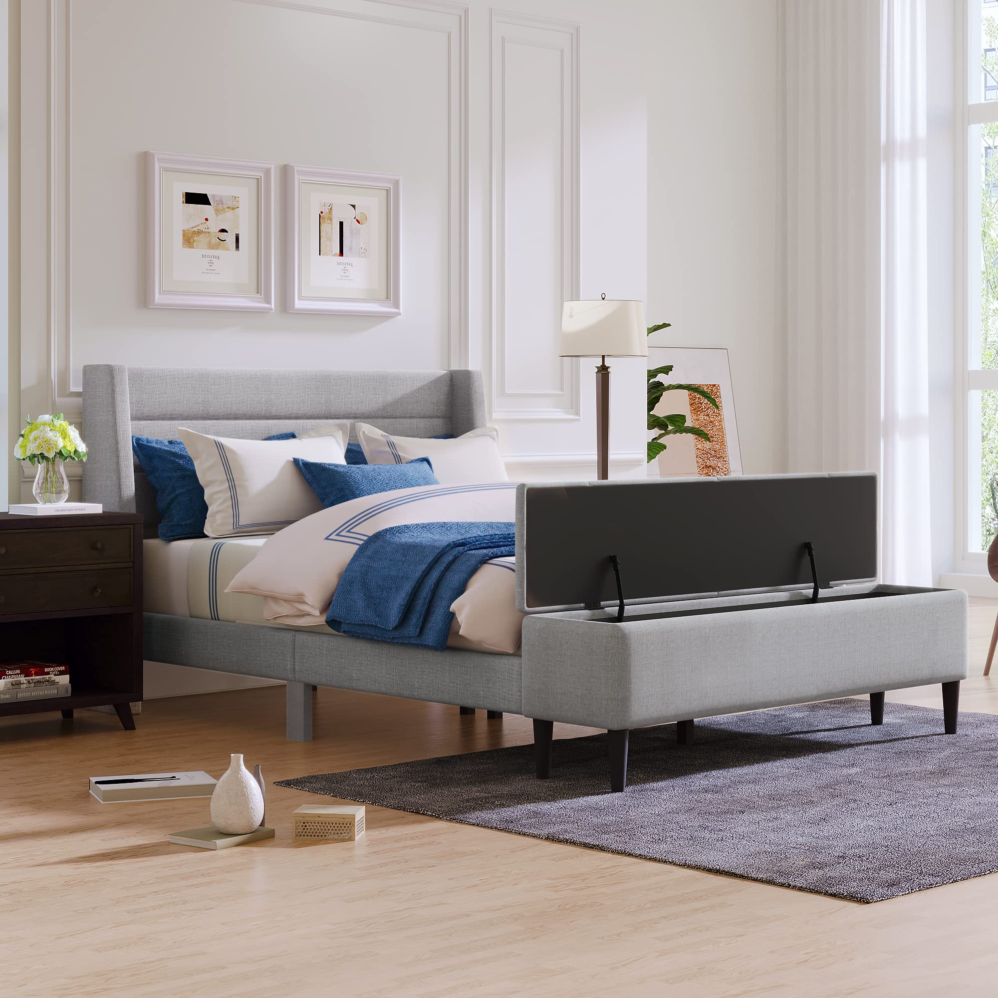 Merax Queen Size Upholstered Storage Platform Bed with Ottoman Bench - No Box Spring Needed - Gray - Perfect for Small Bedrooms & Guest Rooms with Extra Storage Space