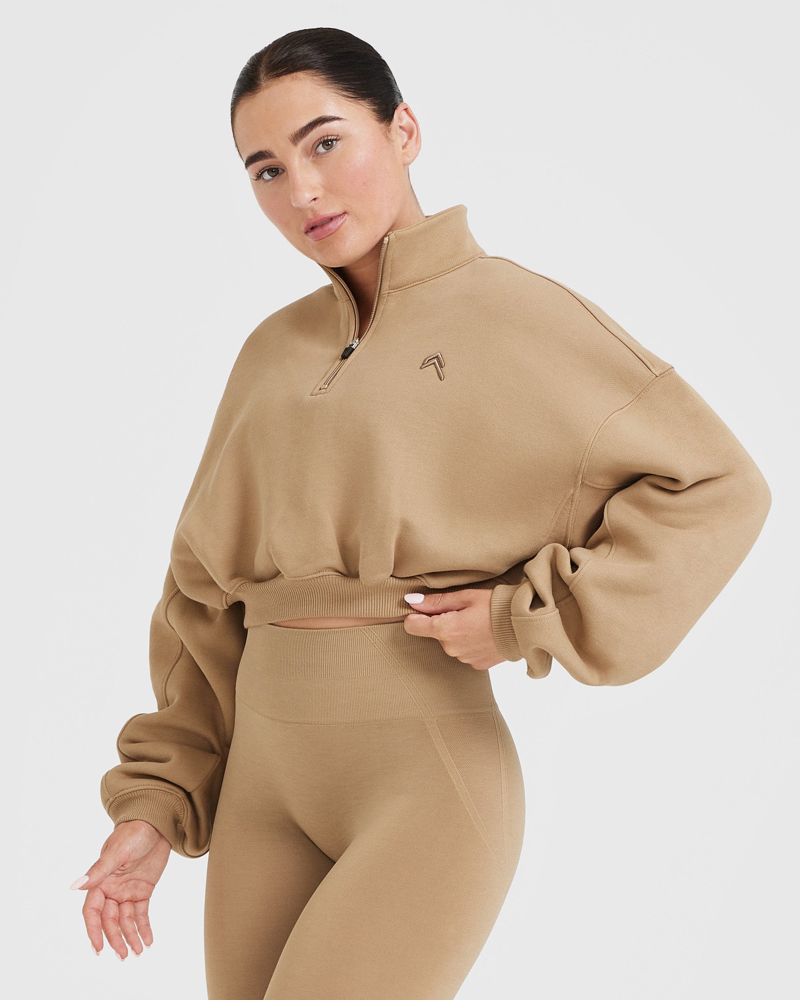 All Day Cozy Crop 1/4 Zip Sweatshirt for Women | Soft Fleece Pullover in Dune Brown | Perfect for Yoga, Running & Casual Outfits