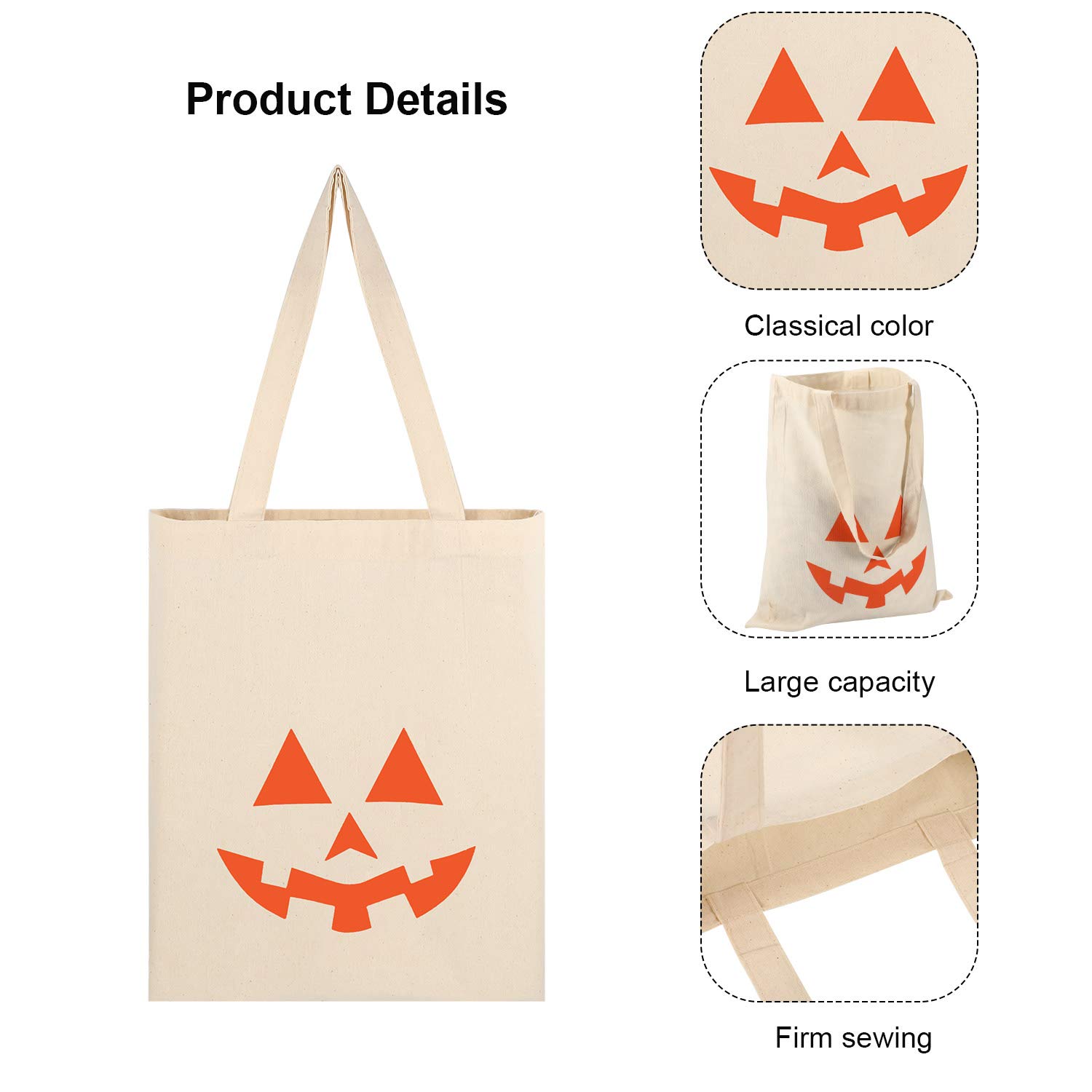 Frienda 4-Piece Halloween Trick or Treat Bags Set - 10.63'' Reusable Canvas Tote Bags with Pumpkin & Ghost Designs for Halloween Parties, Trick-or-Treating, Grocery Shopping & Everyday Use