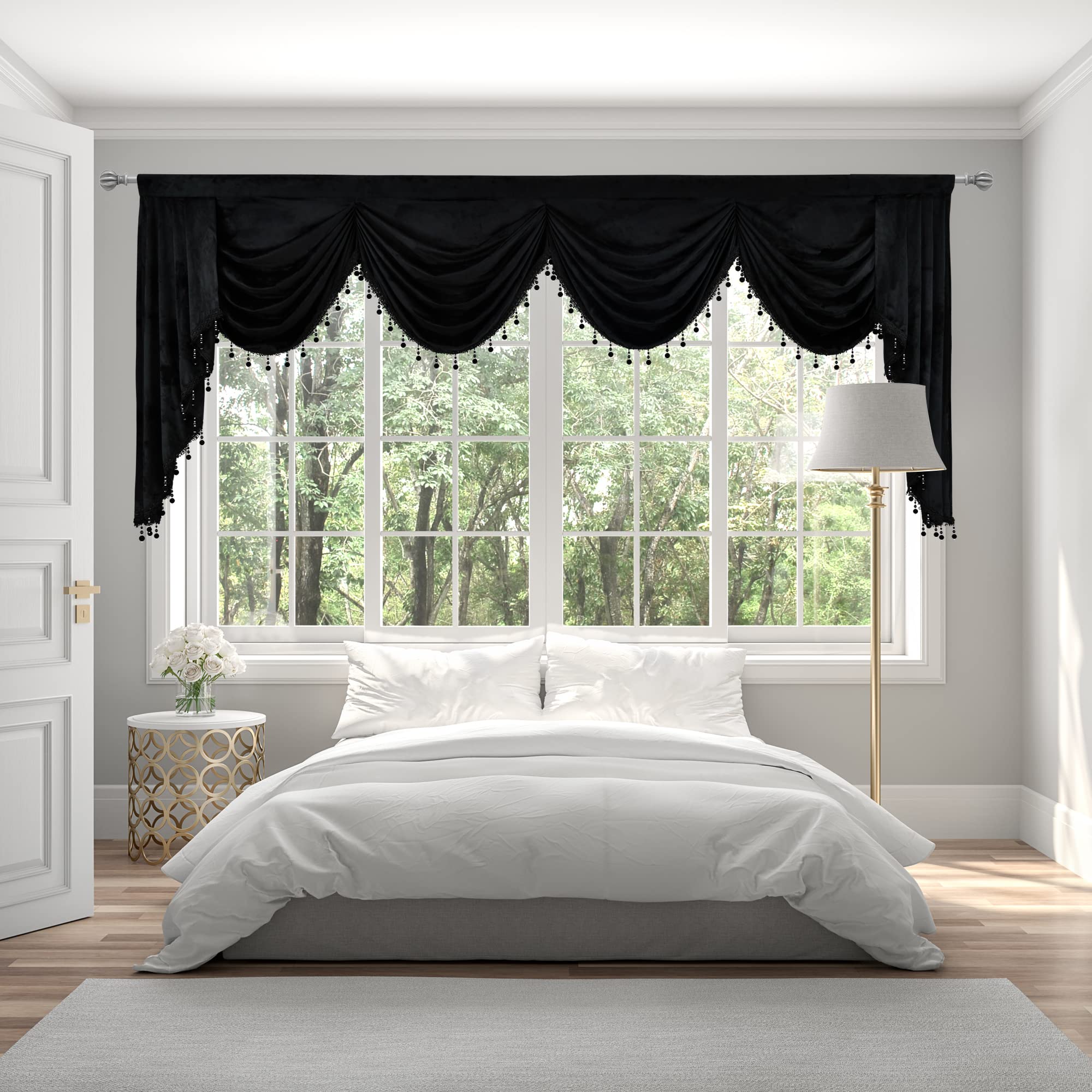 Black Rod Pocket Velvet Window Curtain Valance - 1 Panel Waterfall Valance for Living Room & Bedroom (110