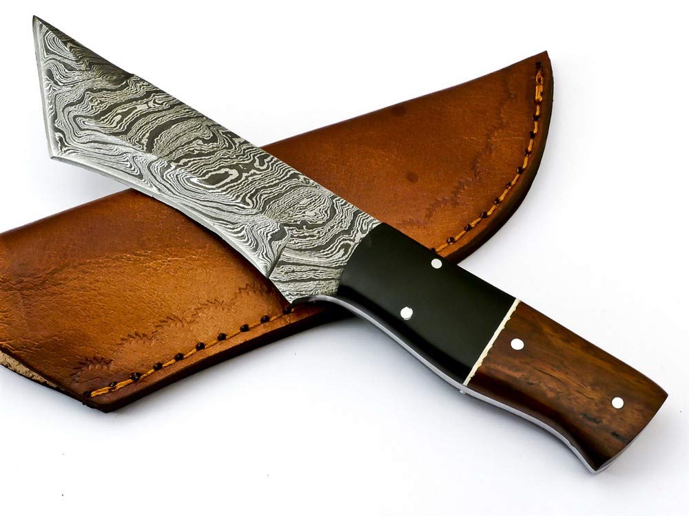 Premium Damascus Steel Tanto Hunting Knife - Custom Handmade Skinning Knife with Rosewood Handle & Genuine Leather Sheath | Outdoor Survival Gear, Camping, Bushcraft, Hunting Accessories (Model S-6468)